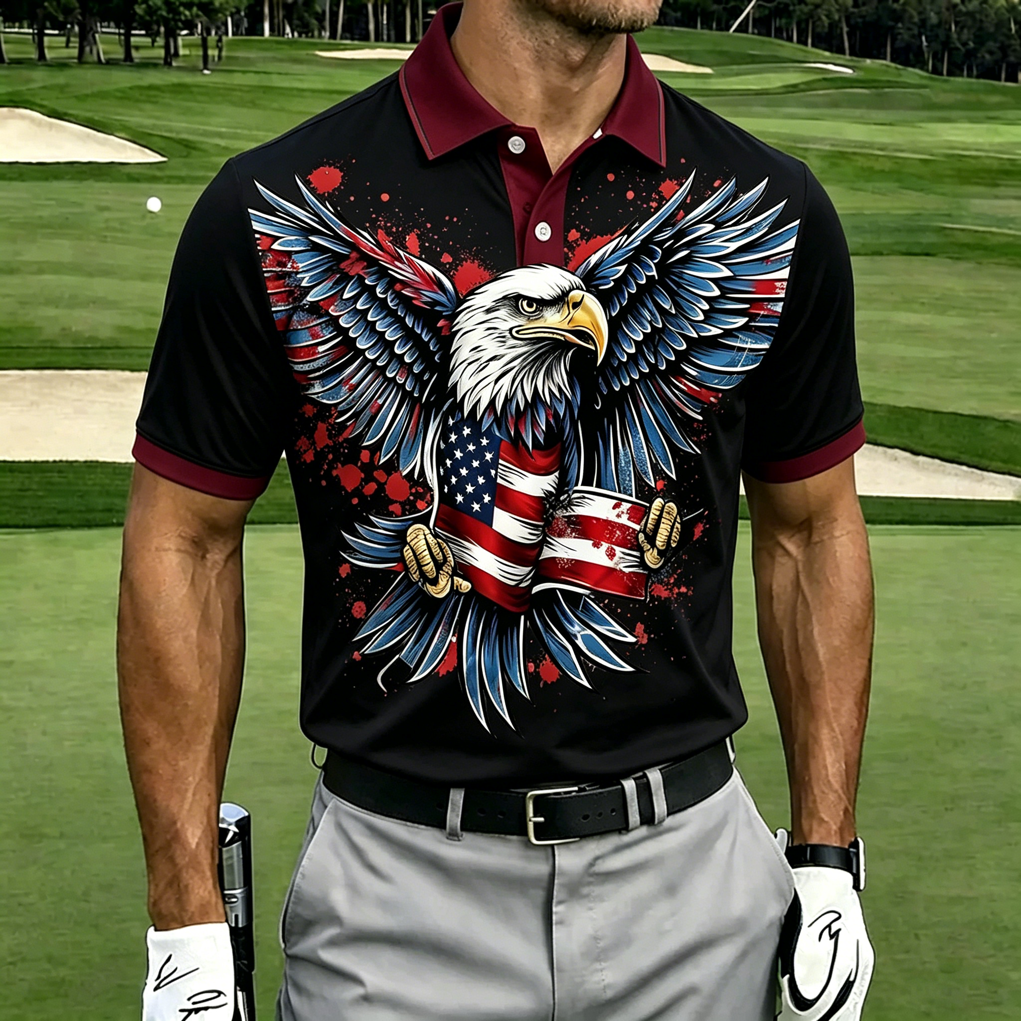 Patriotic Bald Eagle with American Flag Print Men Short Sleeve Golf Polo Shirt