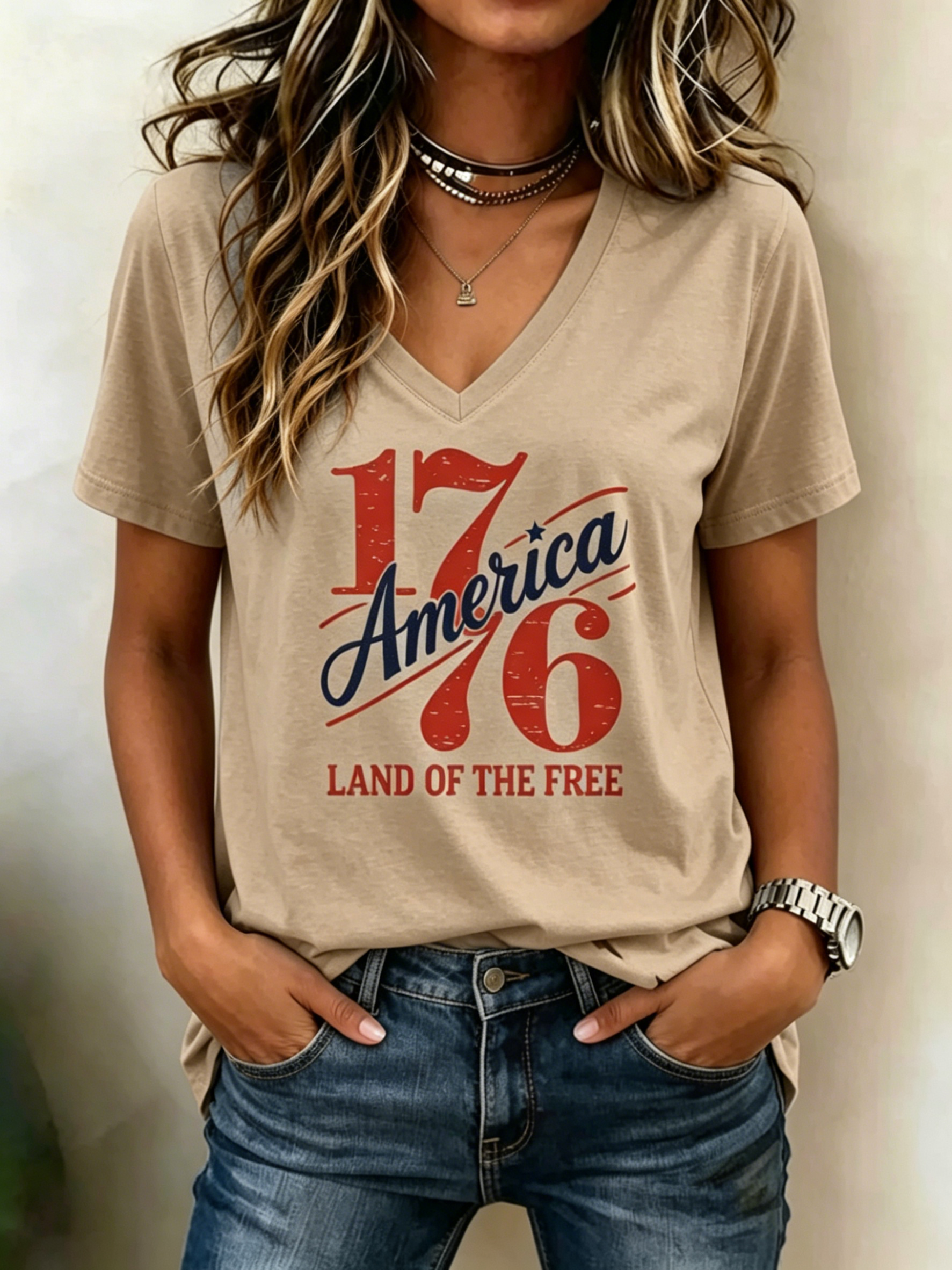 Vintage 1776 America Land Of The Free Letter Print V Neck Patriotic Casual Short Sleeve T-Shirt