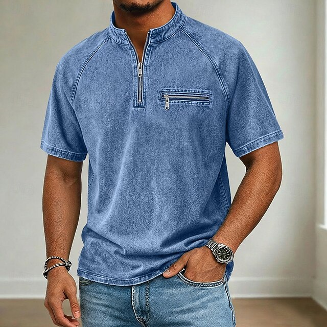Men’s Vintage Washed Half Zip Stand Collar Raglan Sleeve Zipper Chest Pocket Casual Short Sleeve T-Shirt