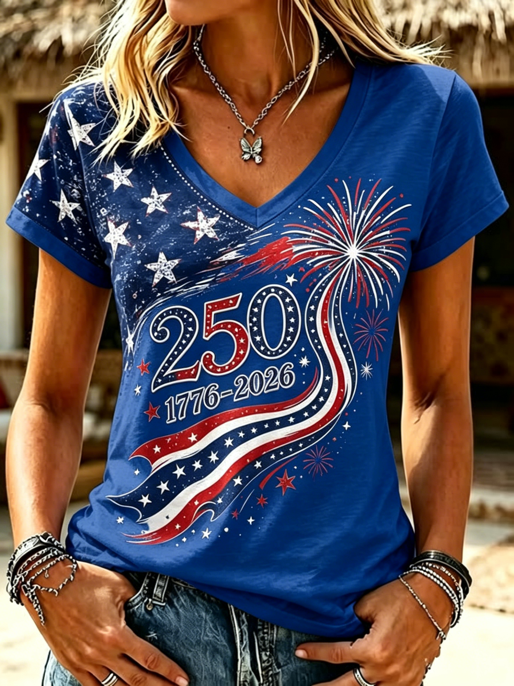 250th Anniversary Firework Star Stripe Patriotic Spliced V Neck Short Sleeve Casual T-Shirt for Women