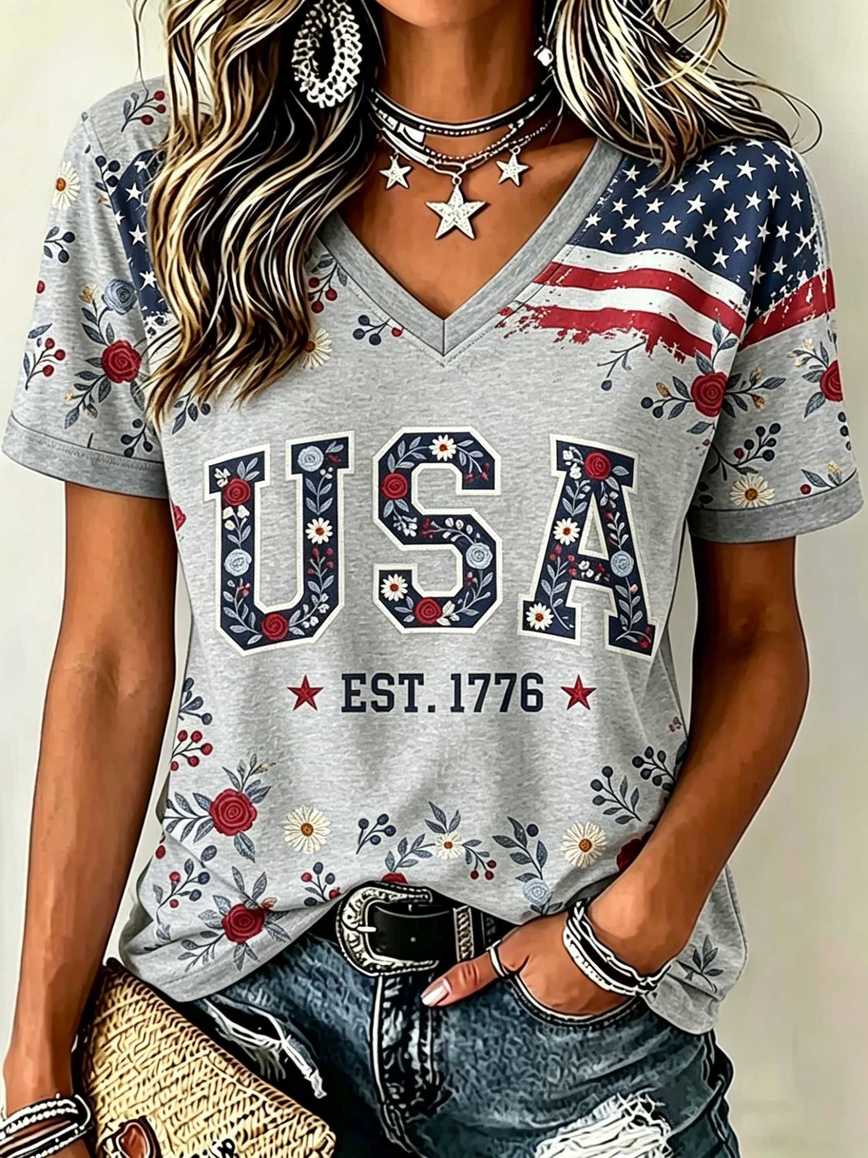 Floral USA 1776 Star Stripe Raglan V Neck Patriotic T-Shirt for Women