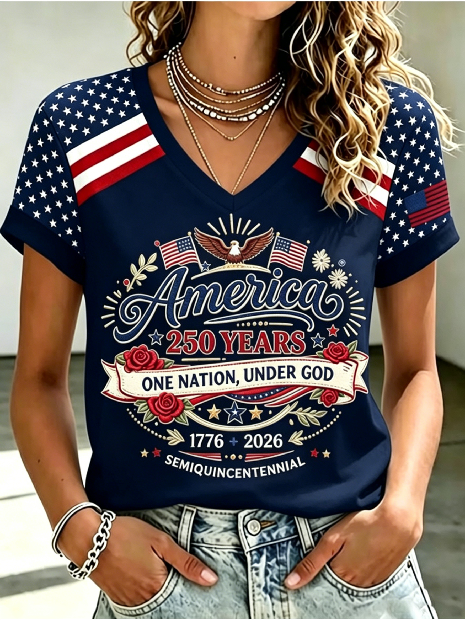 250th Eagle Floral Faith Slogan Raglan V Neck Patriotic T-Shirt for Women