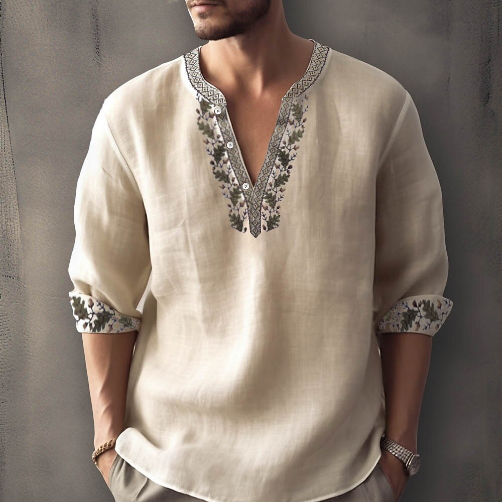 Boho Floral Trim V Neck Roll Sleeve Linen Henley Shirt for Men