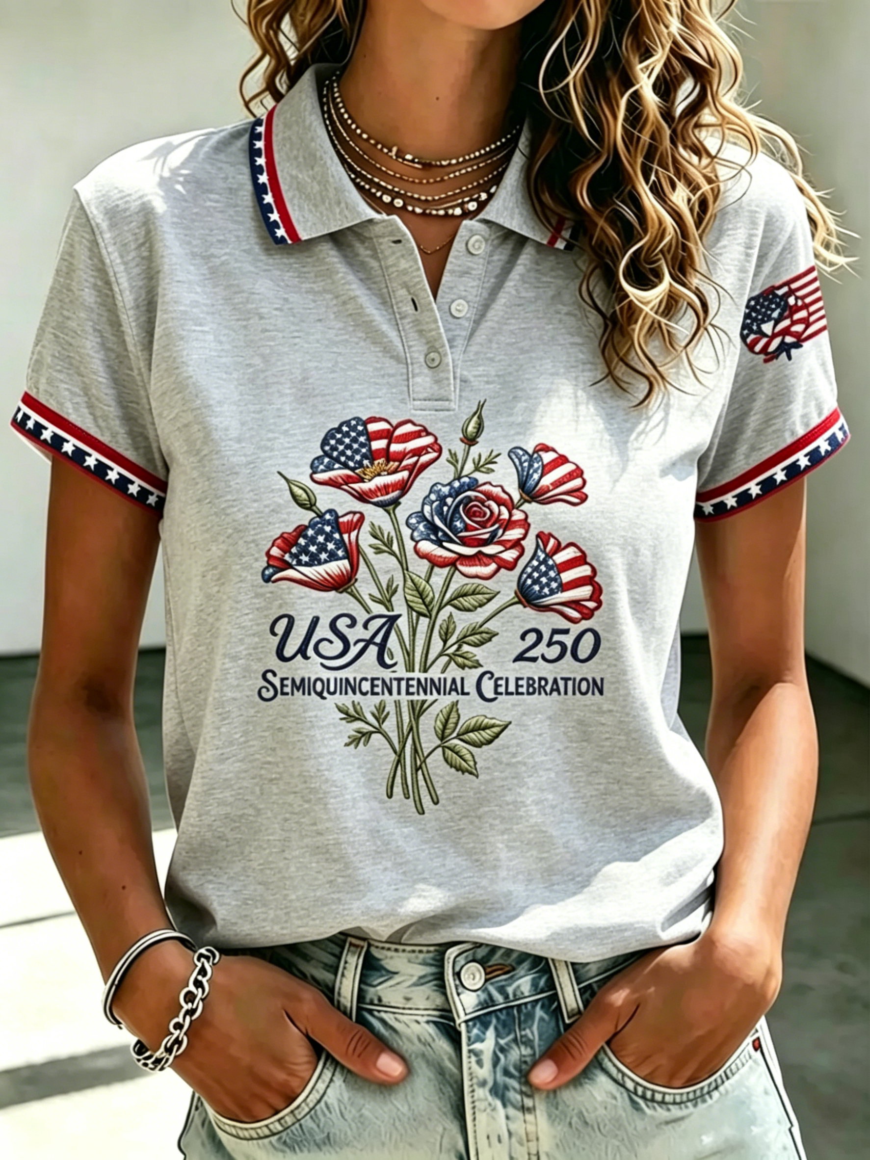 USA Flag Floral Rose Print Star Trim Collar Women Patriotic Short Sleeve Polo Top