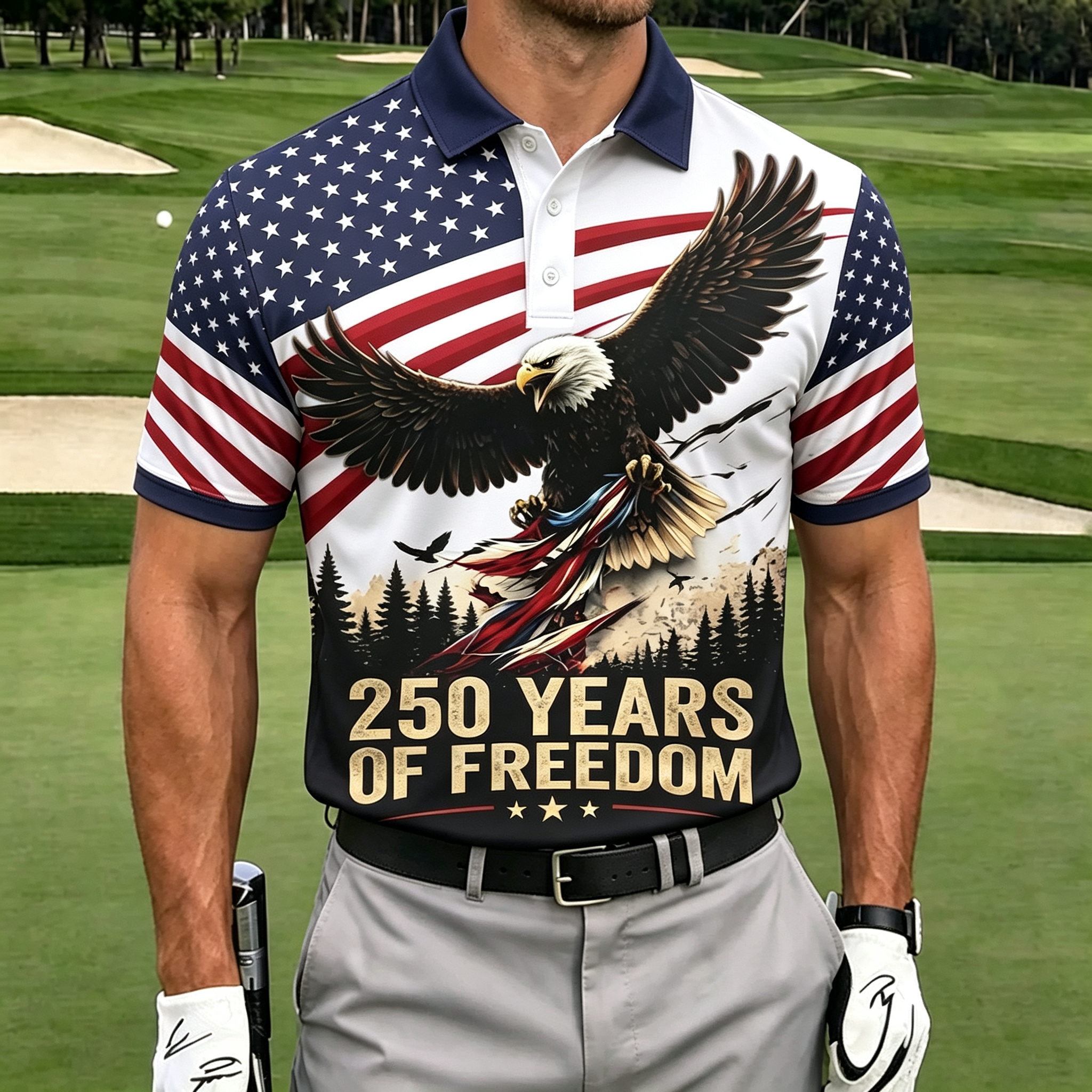 Flying Bald Eagle American Flag Patriotic Golf Polo For Men