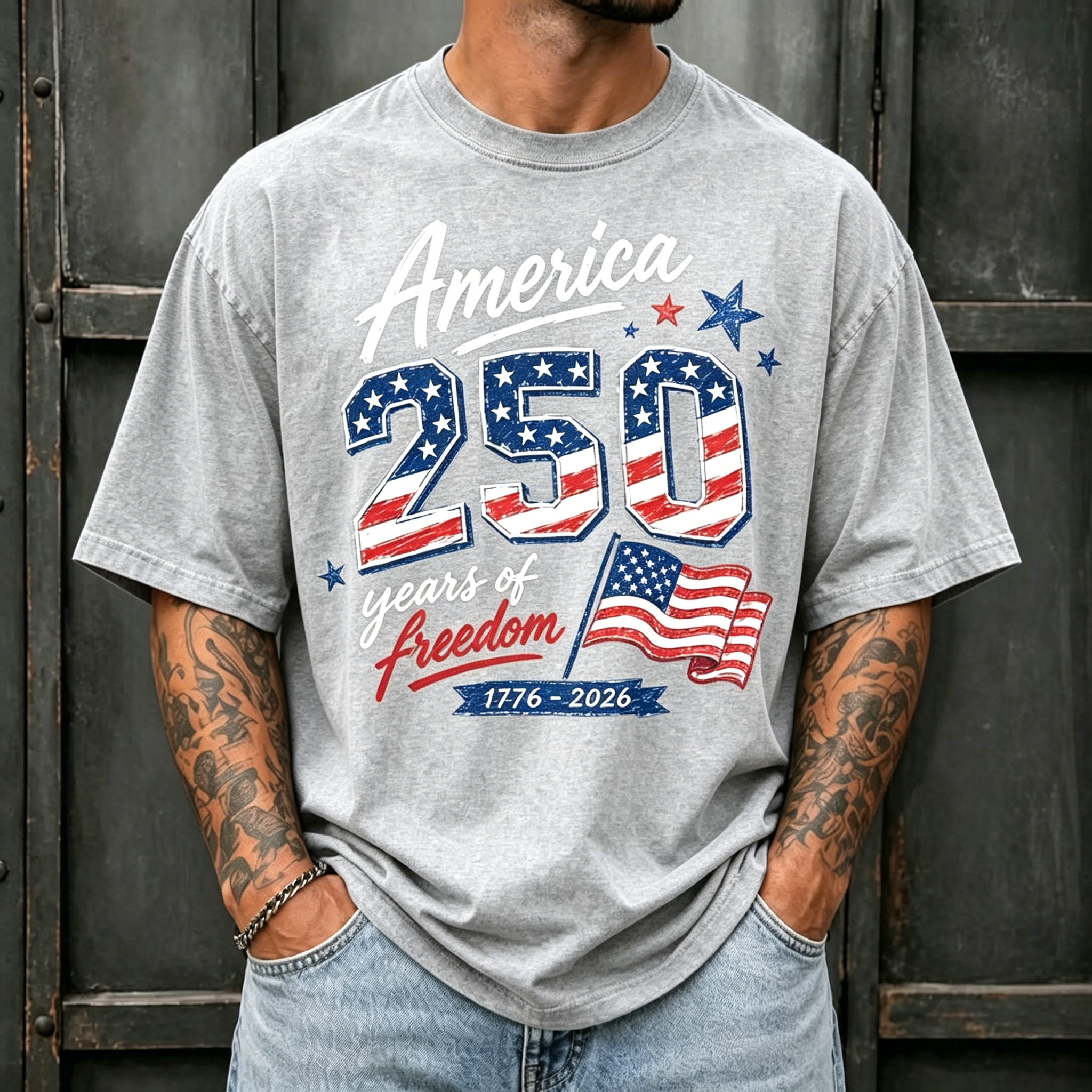 America 250 Years of Freedom US Flag Patriotic Print Oversized Men Crew Neck Washed Short Sleeve Tee