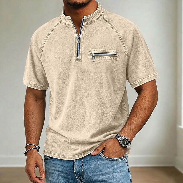 Men’s Vintage Washed Half Zip Stand Collar Raglan Sleeve Zipper Chest Pocket Casual Short Sleeve T-Shirt