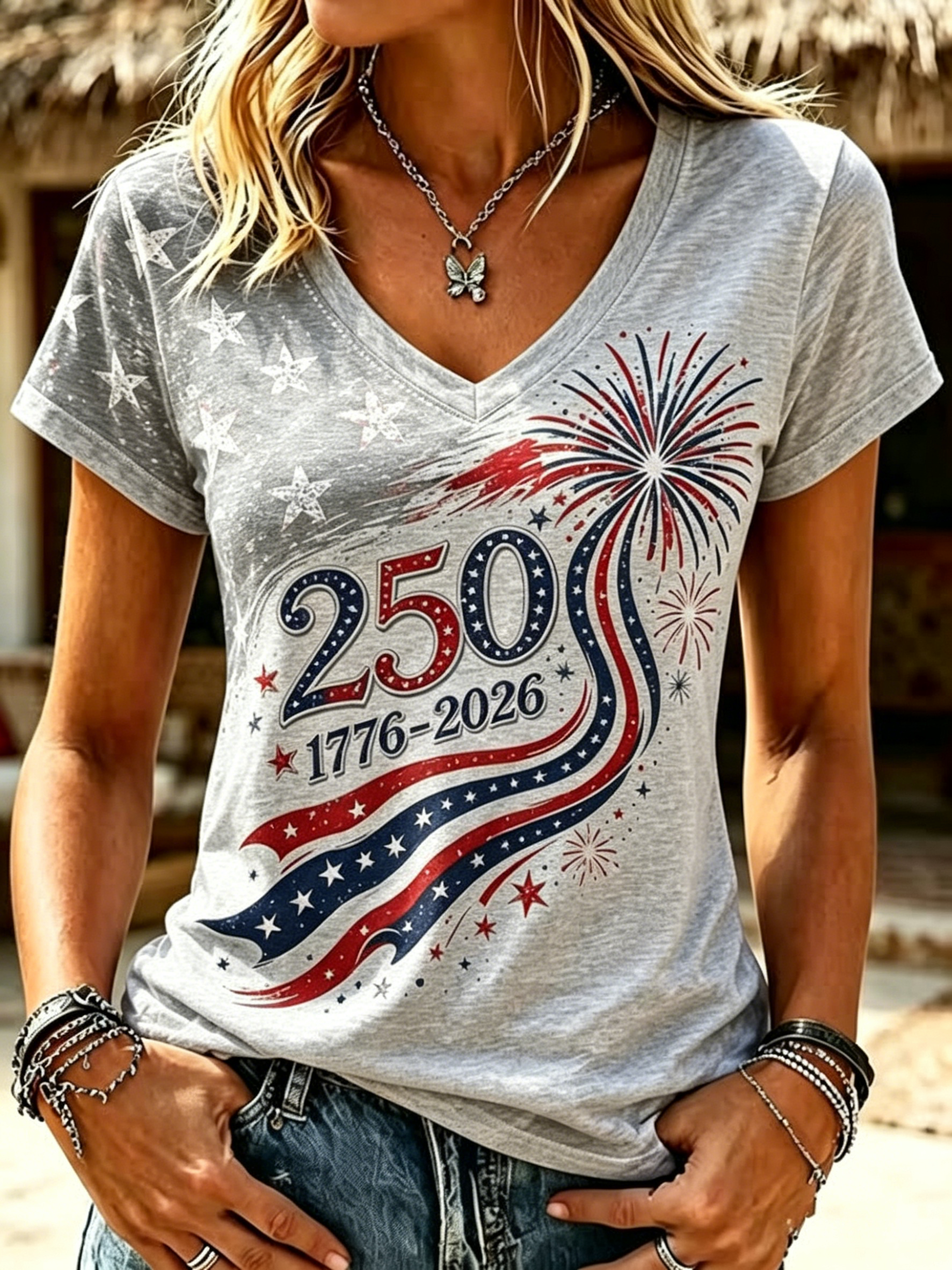 250th Anniversary Firework Star Stripe Patriotic Spliced V Neck Short Sleeve Casual T-Shirt for Women