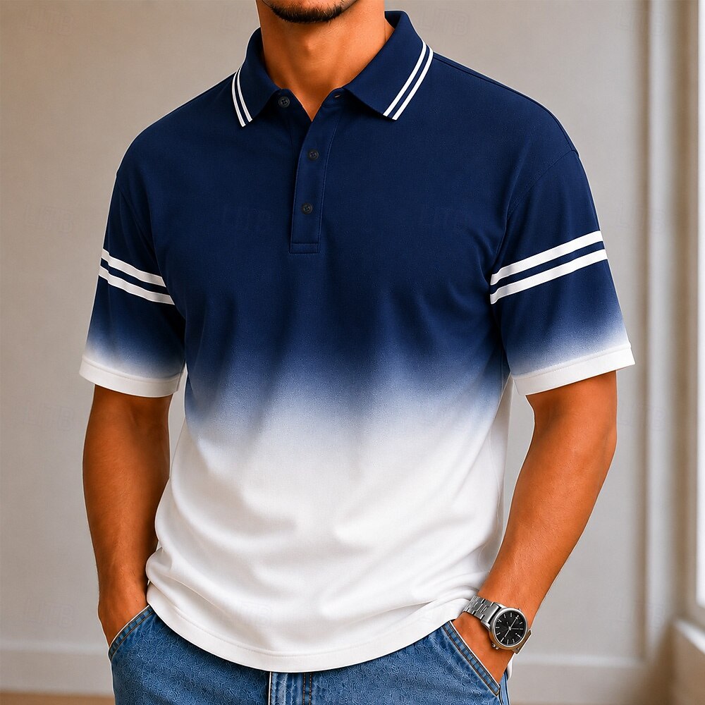 Geometric Square Line Print Contrast Collar Pocket Golf Polo Shirt for Men