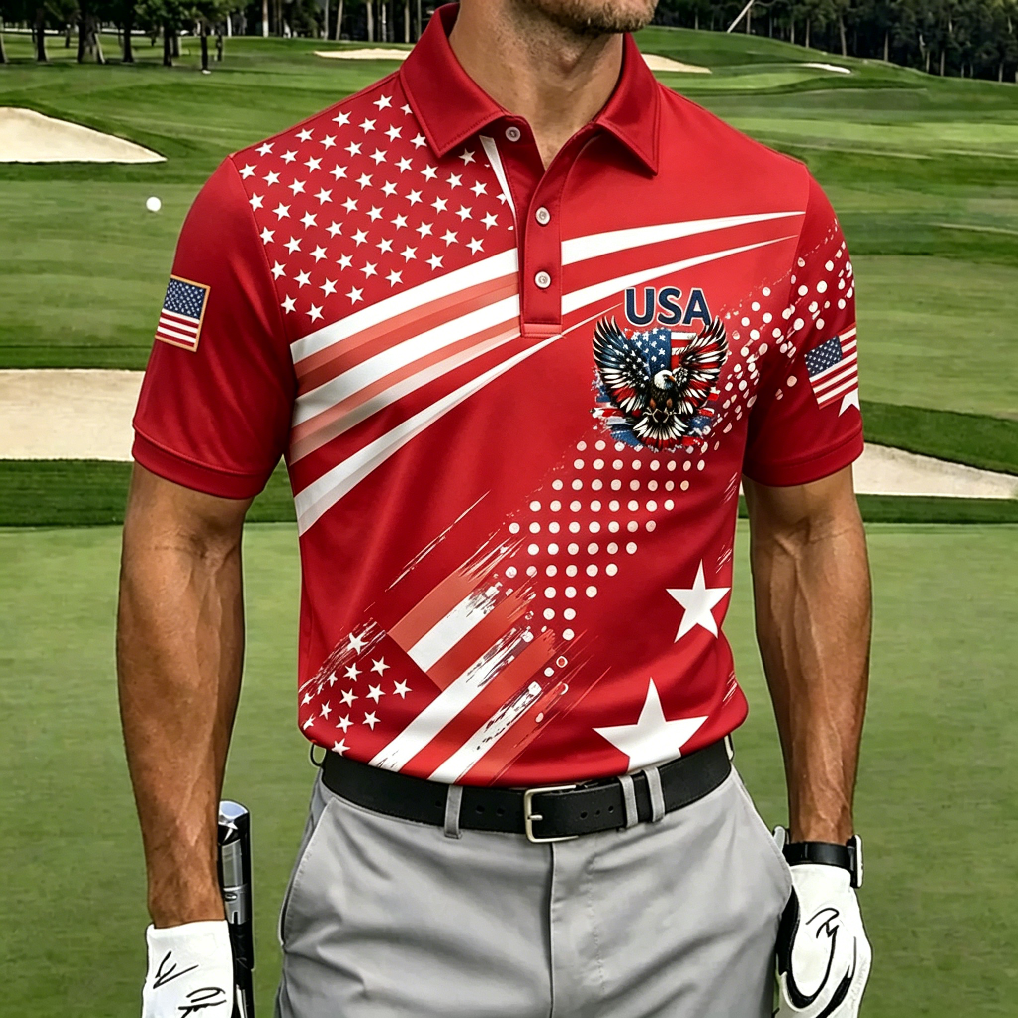 USA Eagle Star Stripe Dot Print Collared Golf Polo Shirt for Men