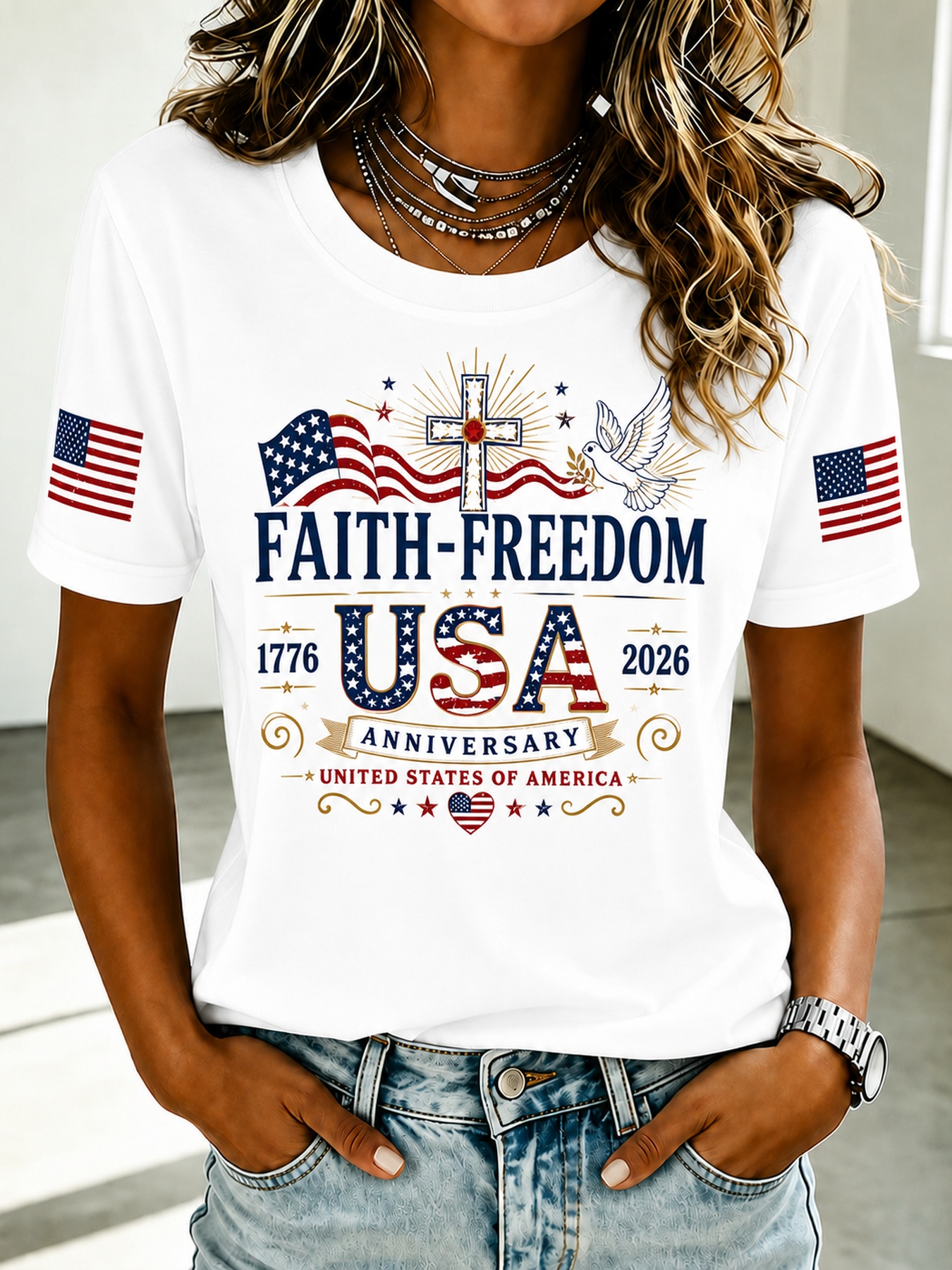 Faith Freedom Cross Dove Dual Flag Sleeve Patriotic Crew Neck T-Shirt for Women