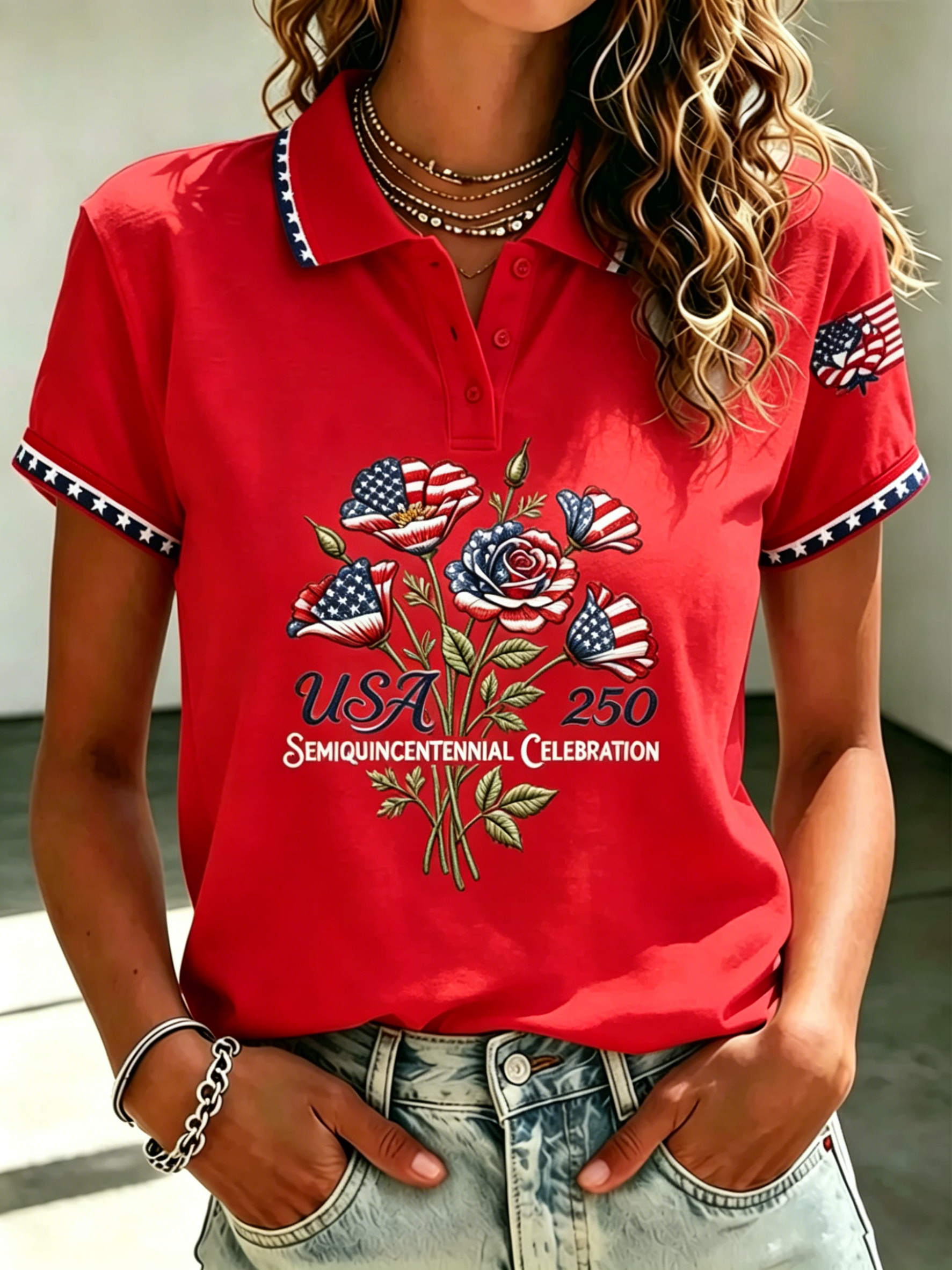 USA Flag Floral Rose Print Star Trim Collar Women Patriotic Short Sleeve Polo Top