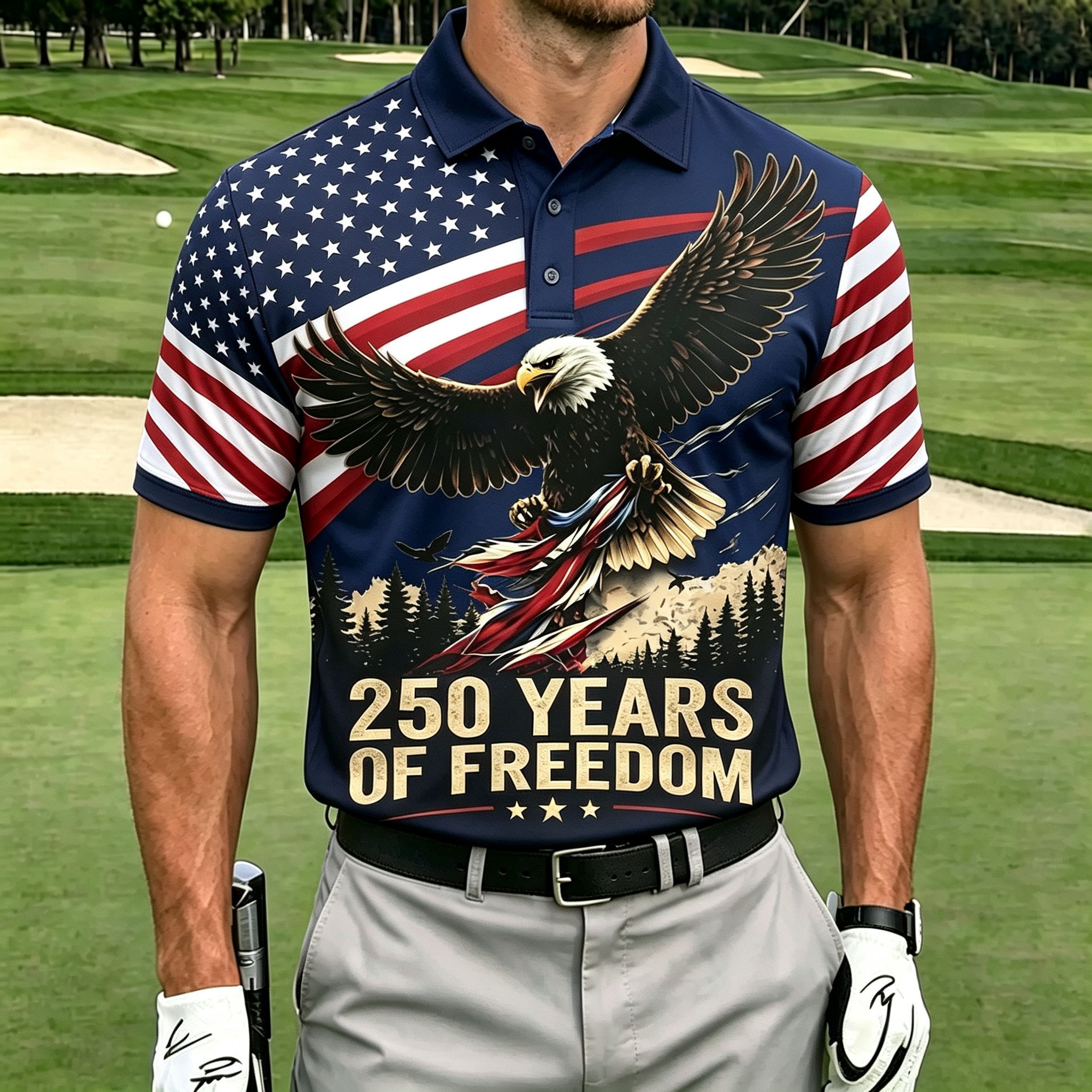 Flying Bald Eagle American Flag Patriotic Golf Polo For Men