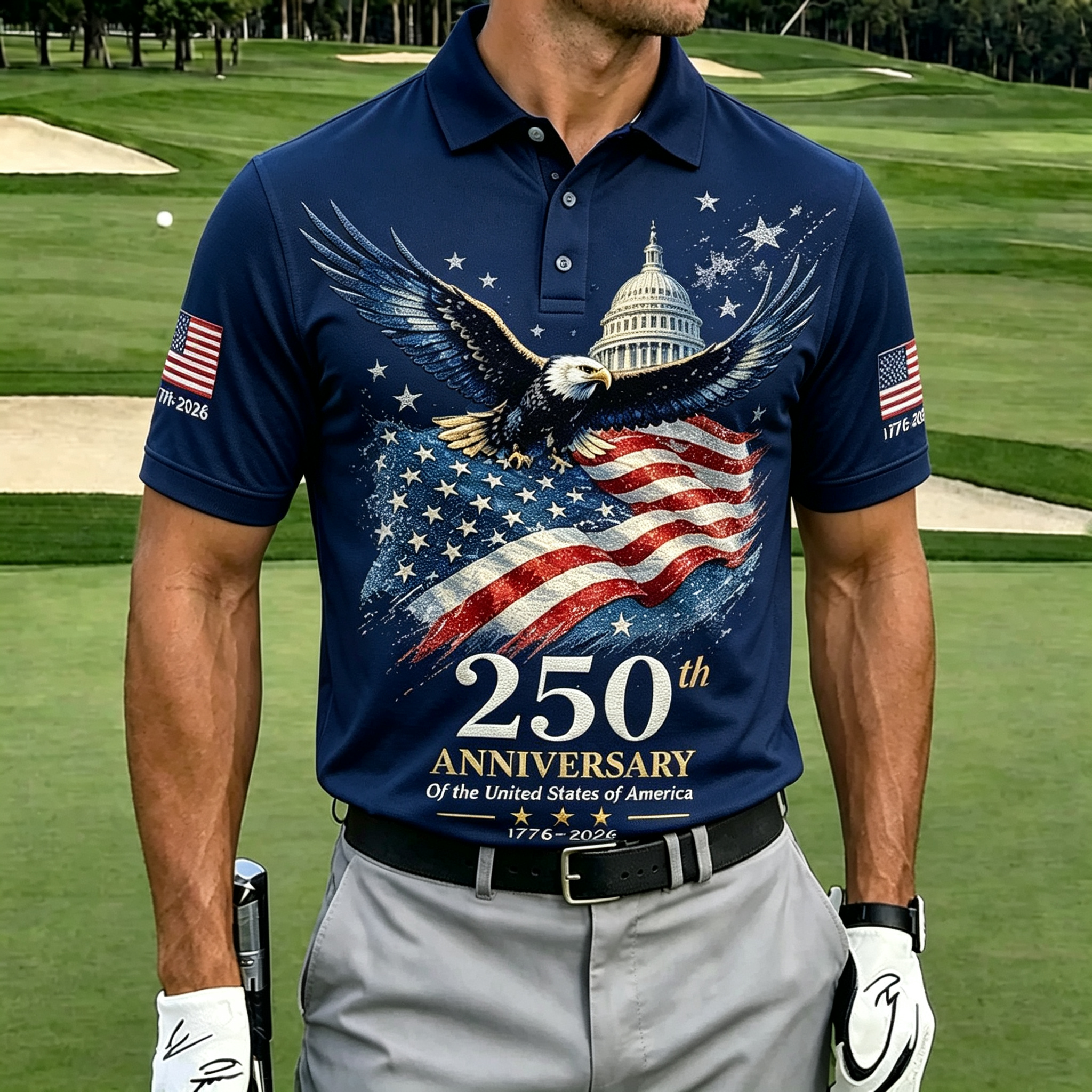 Flying Eagle Capitol Vintage Flag Patriotic Men Golf Polo