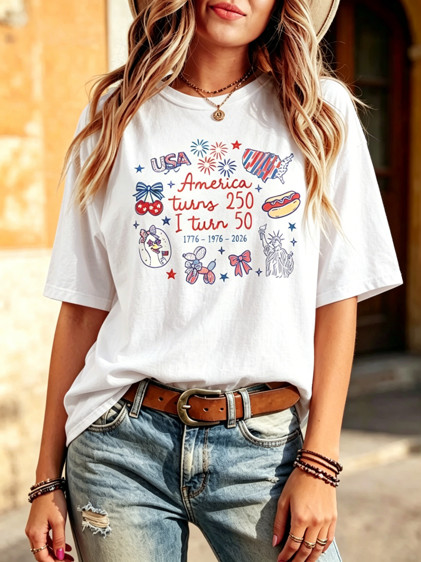 Vintage Doodle Patriotic America 250th & Personal 50th Birthday Print Oversized Crew Neck Casual Women Short Sleeve T-Shirt