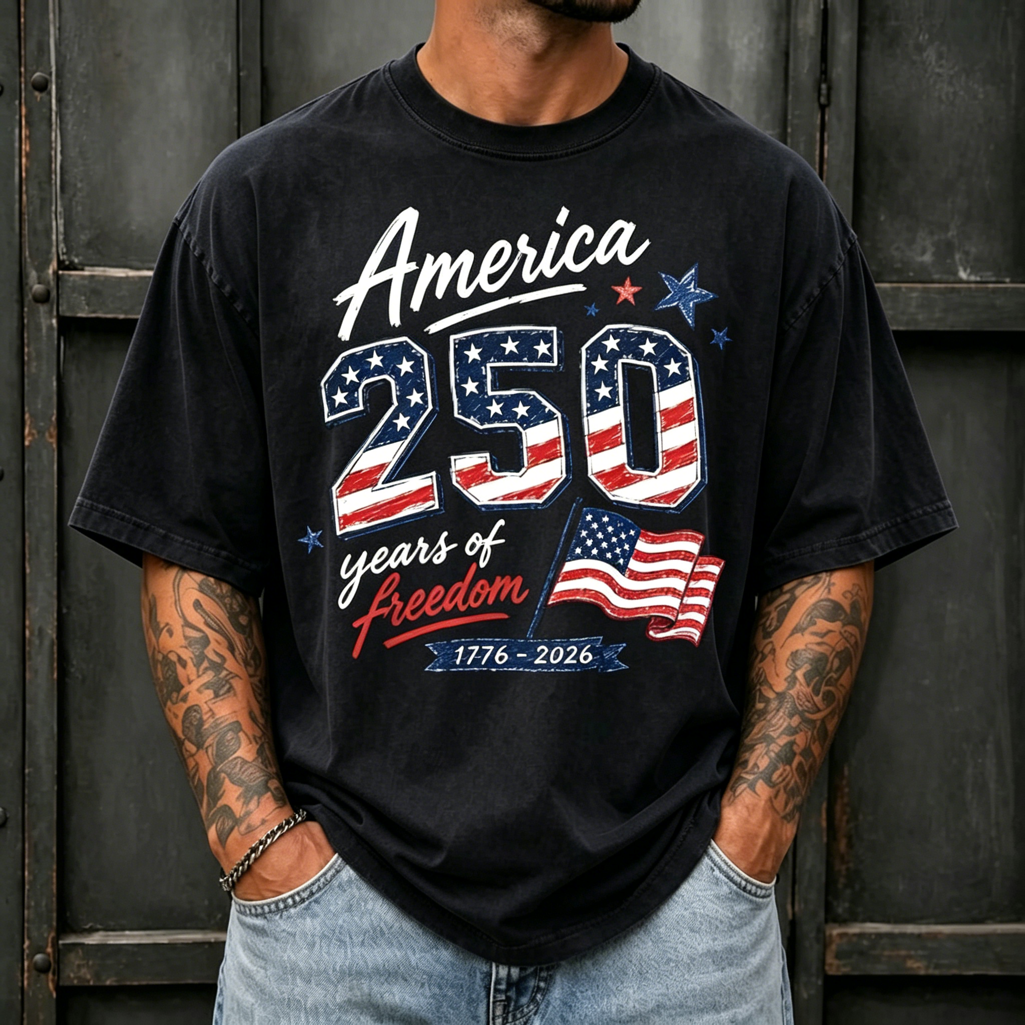 America 250 Years of Freedom US Flag Patriotic Print Oversized Men Crew Neck Washed Short Sleeve Tee
