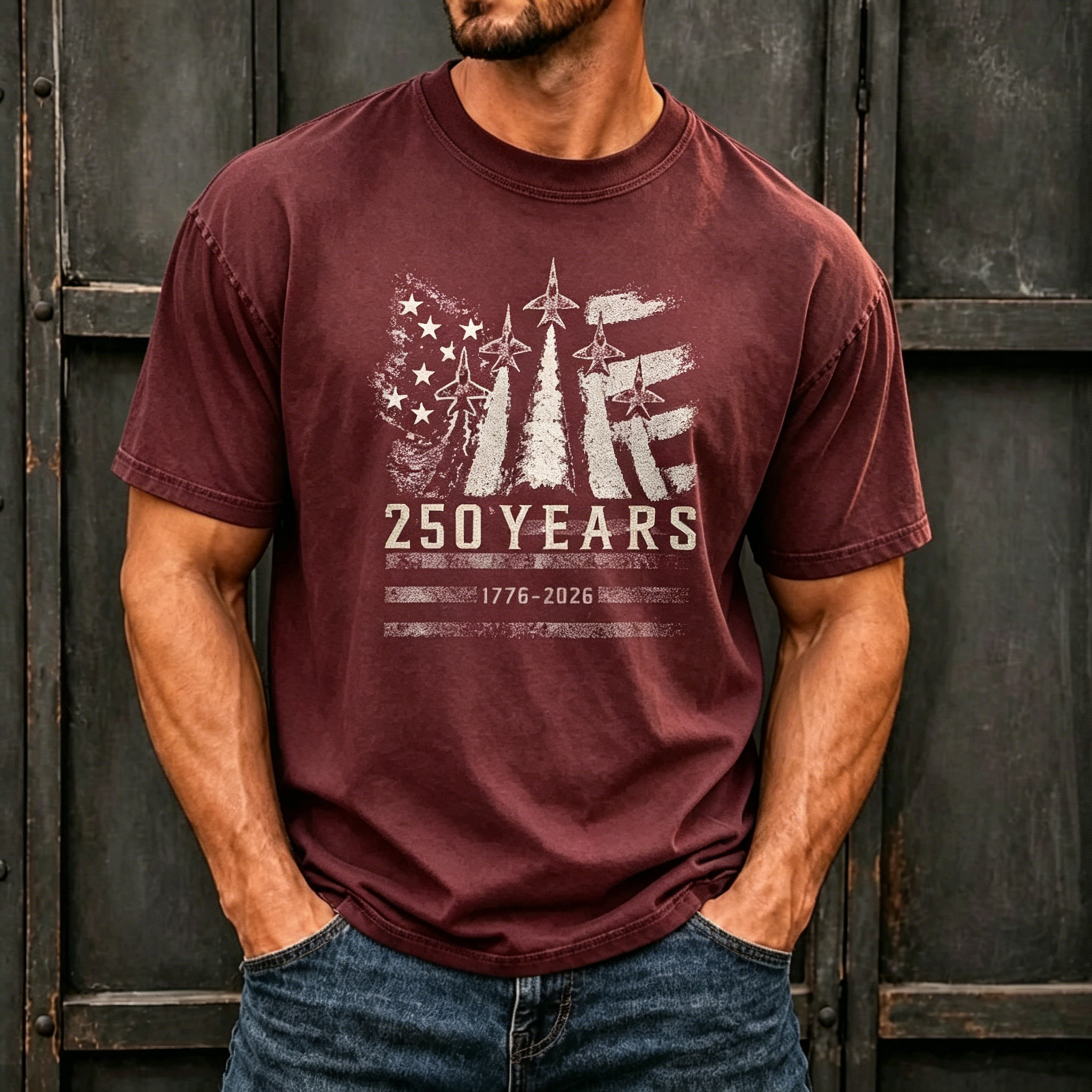 Fighter Jet Distressed US Flag 250 Years Patriotic Print Oversized Men Crew Neck Washed Short Sleeve Tee