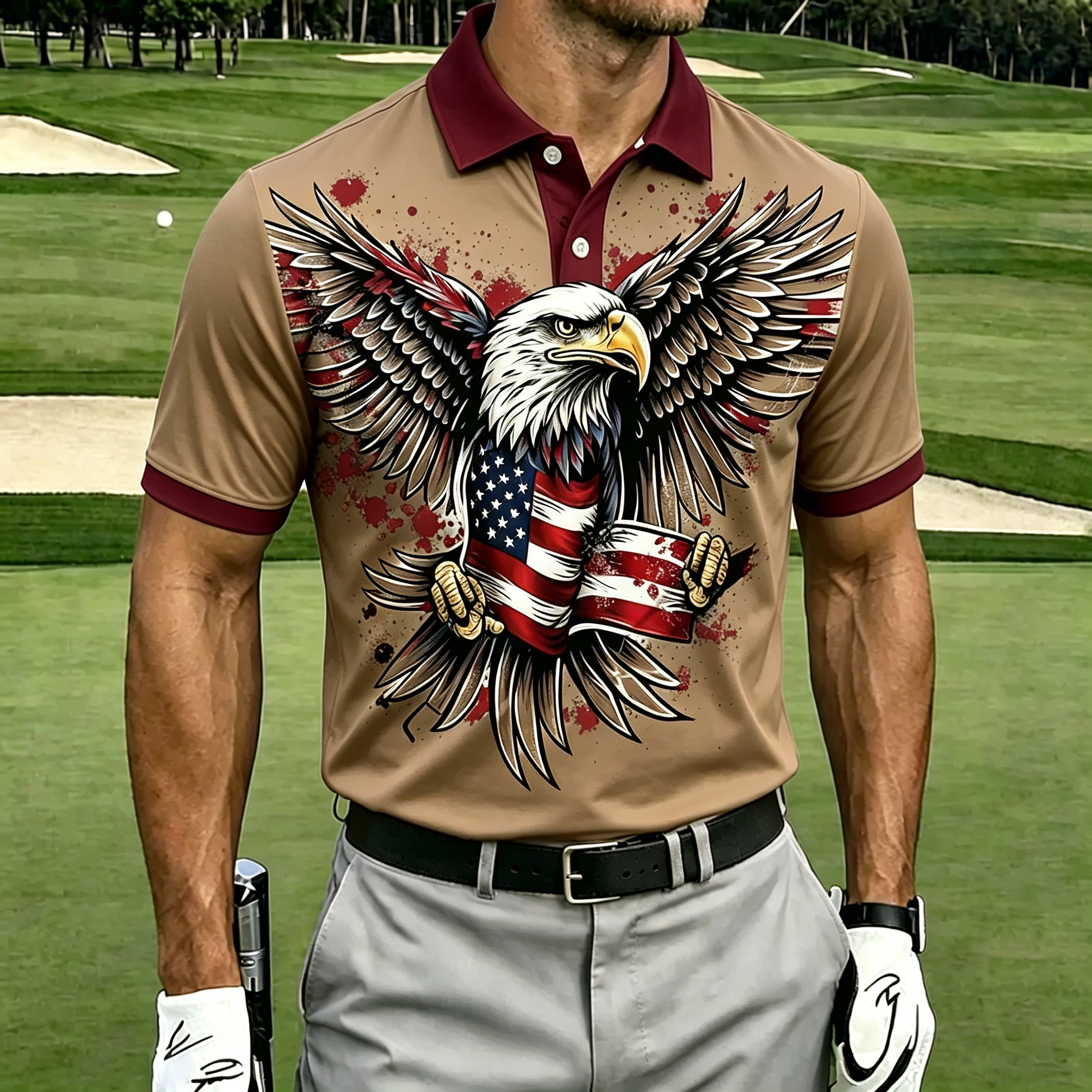 Patriotic Bald Eagle with American Flag Print Men Short Sleeve Golf Polo Shirt