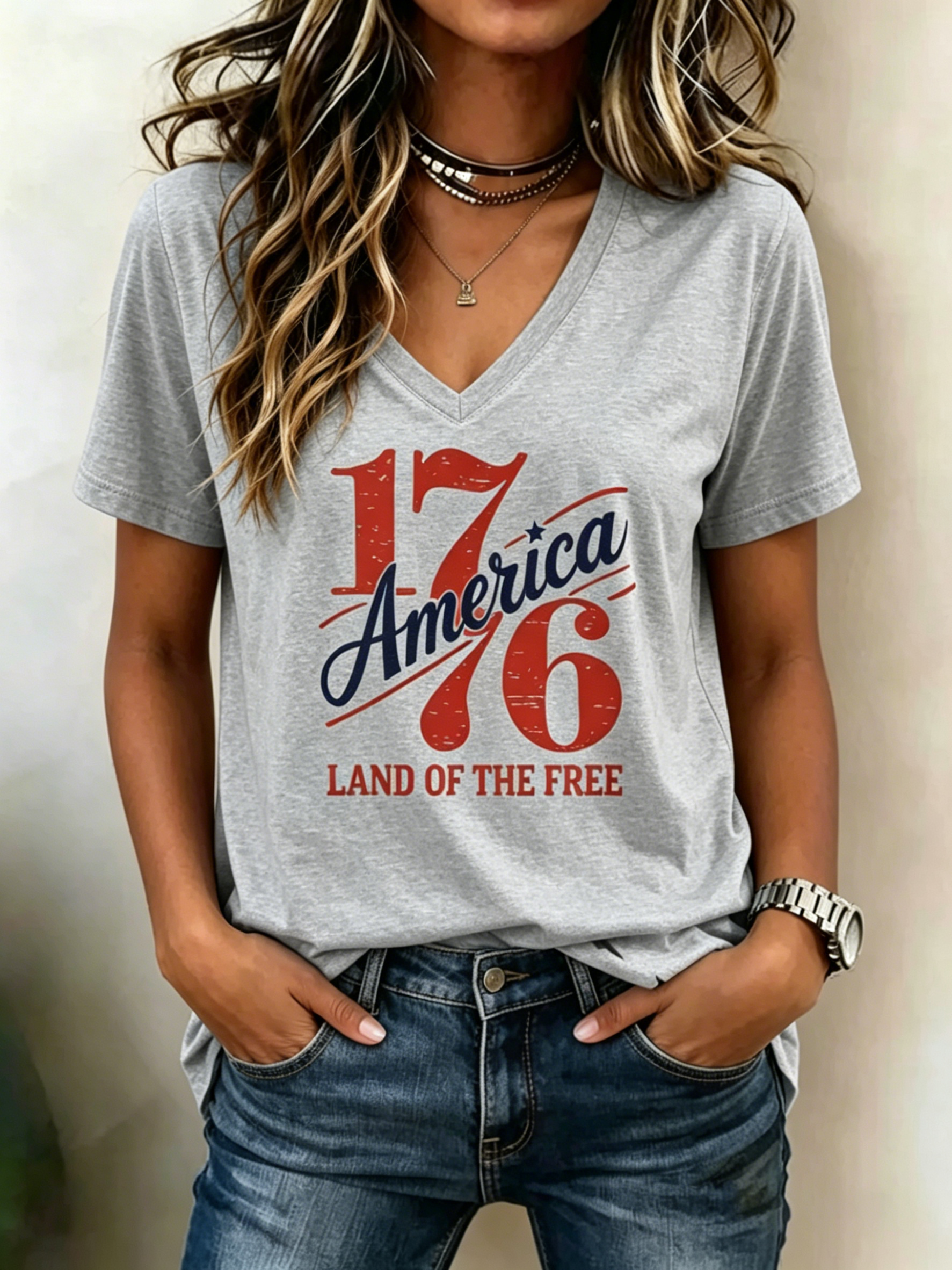 Vintage 1776 America Land Of The Free Letter Print V Neck Patriotic Casual Short Sleeve T-Shirt