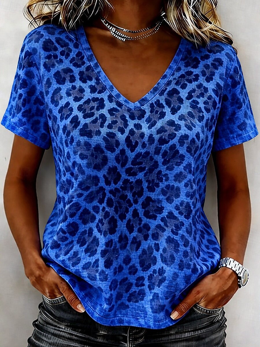 Leopard Print V Neck Short Sleeve T-Shirt for Women