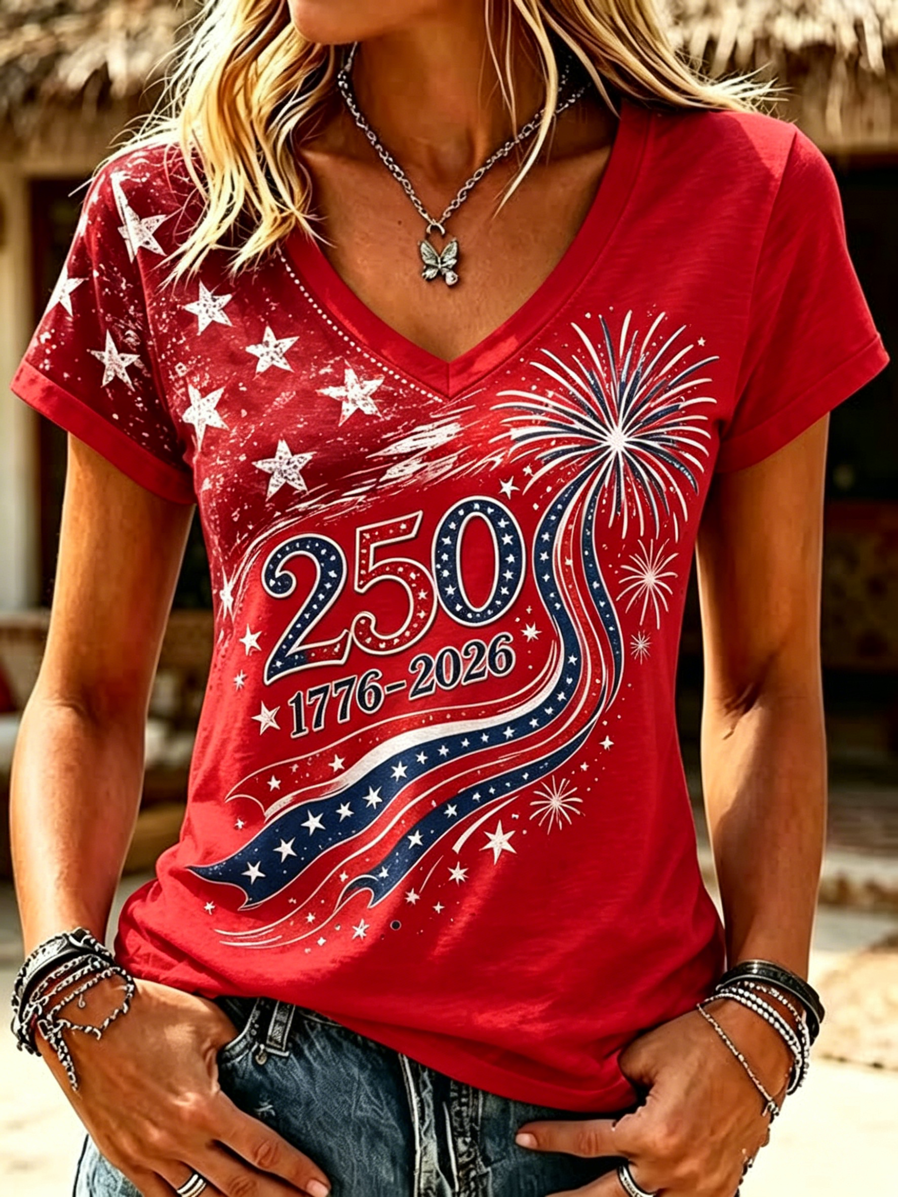 250th Anniversary Firework Star Stripe Patriotic Spliced V Neck Short Sleeve Casual T-Shirt for Women