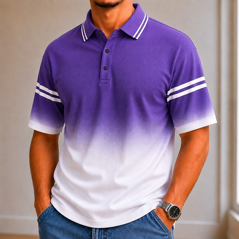 Geometric Square Line Print Contrast Collar Pocket Golf Polo Shirt for Men