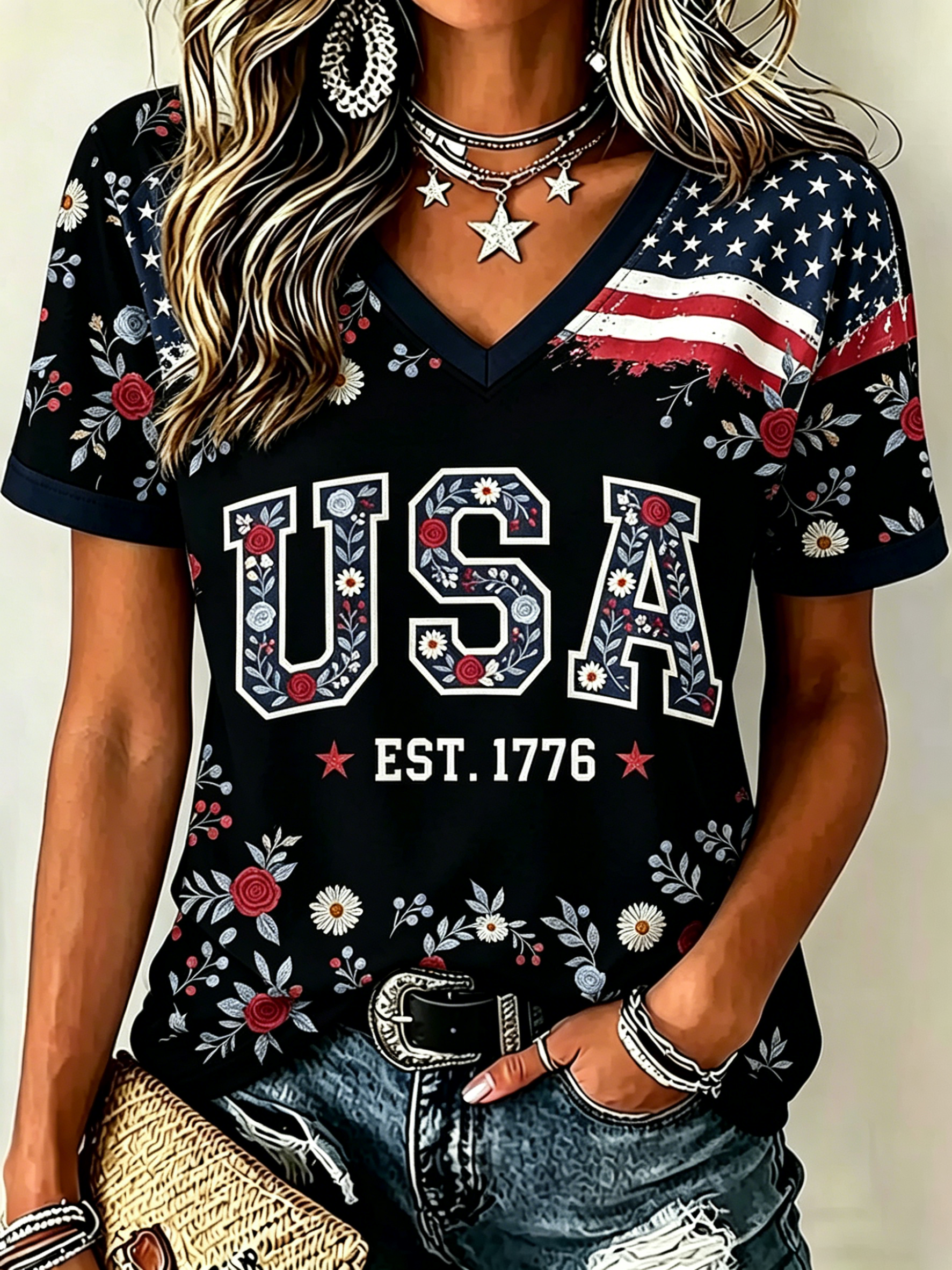 Floral USA 1776 Star Stripe Raglan V Neck Patriotic T-Shirt for Women
