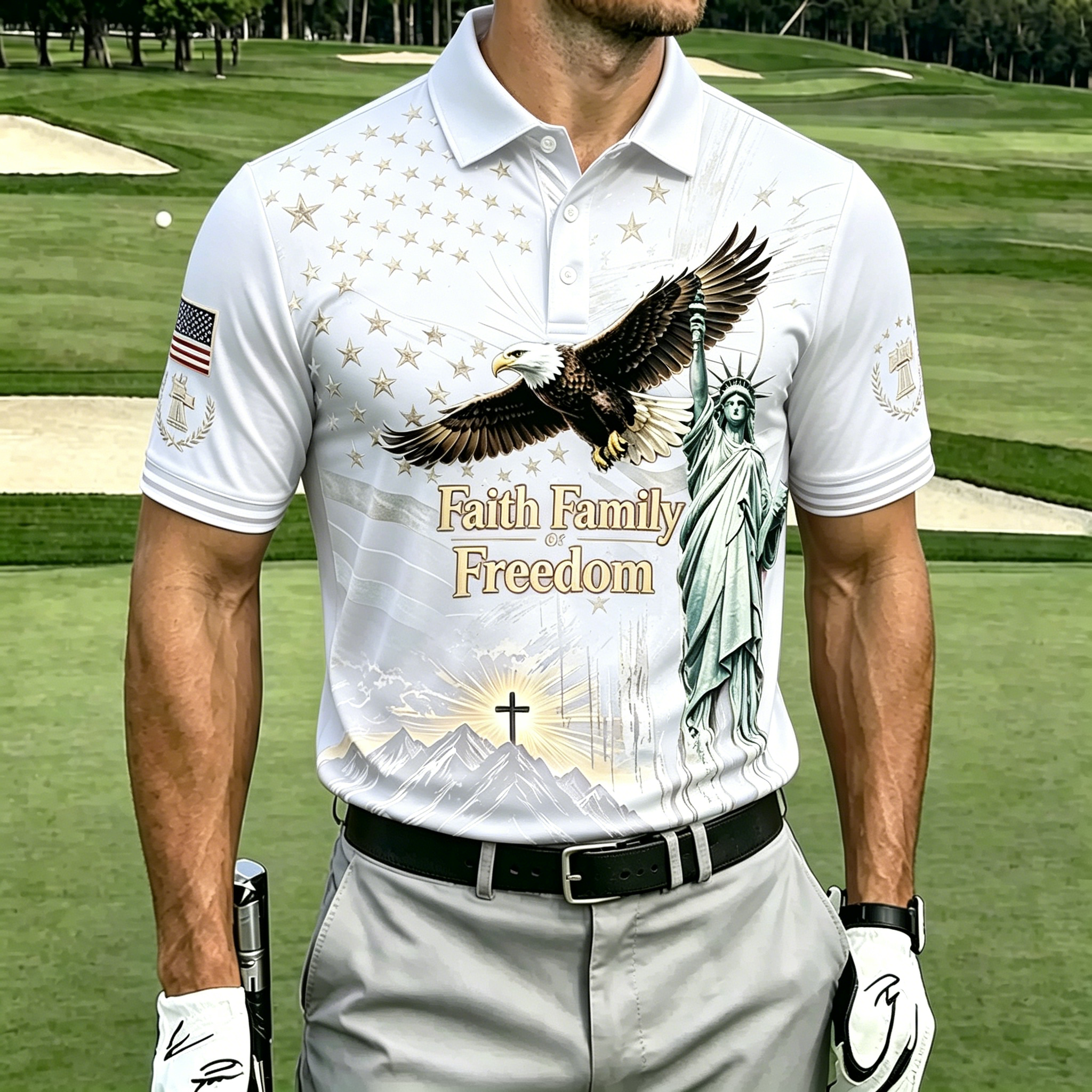 Faith Family Freedom Eagle Statue Liberty Flag Cross Print Contrast Collar Golf Polo Shirt for Men
