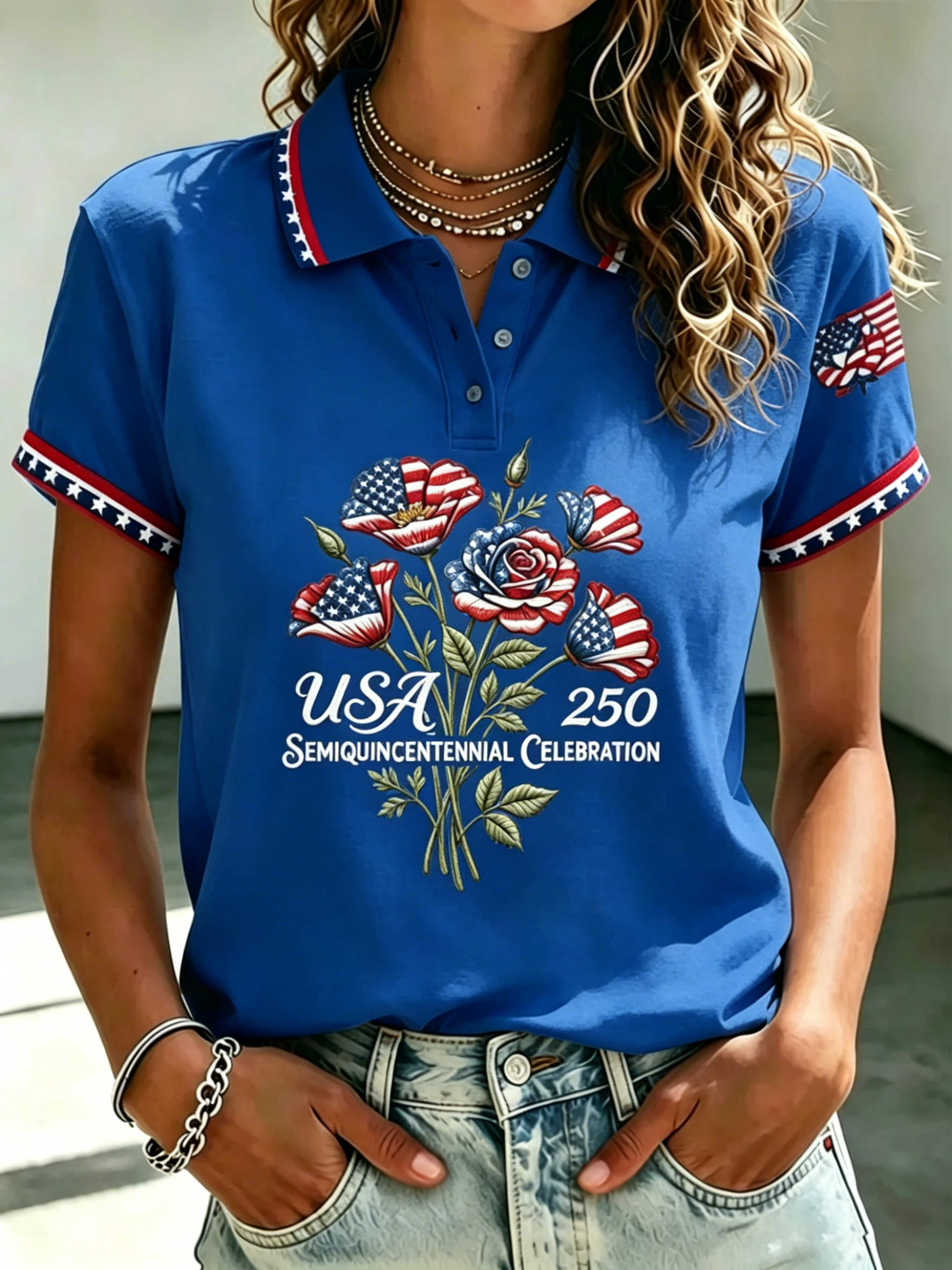 USA Flag Floral Rose Print Star Trim Collar Women Patriotic Short Sleeve Polo Top