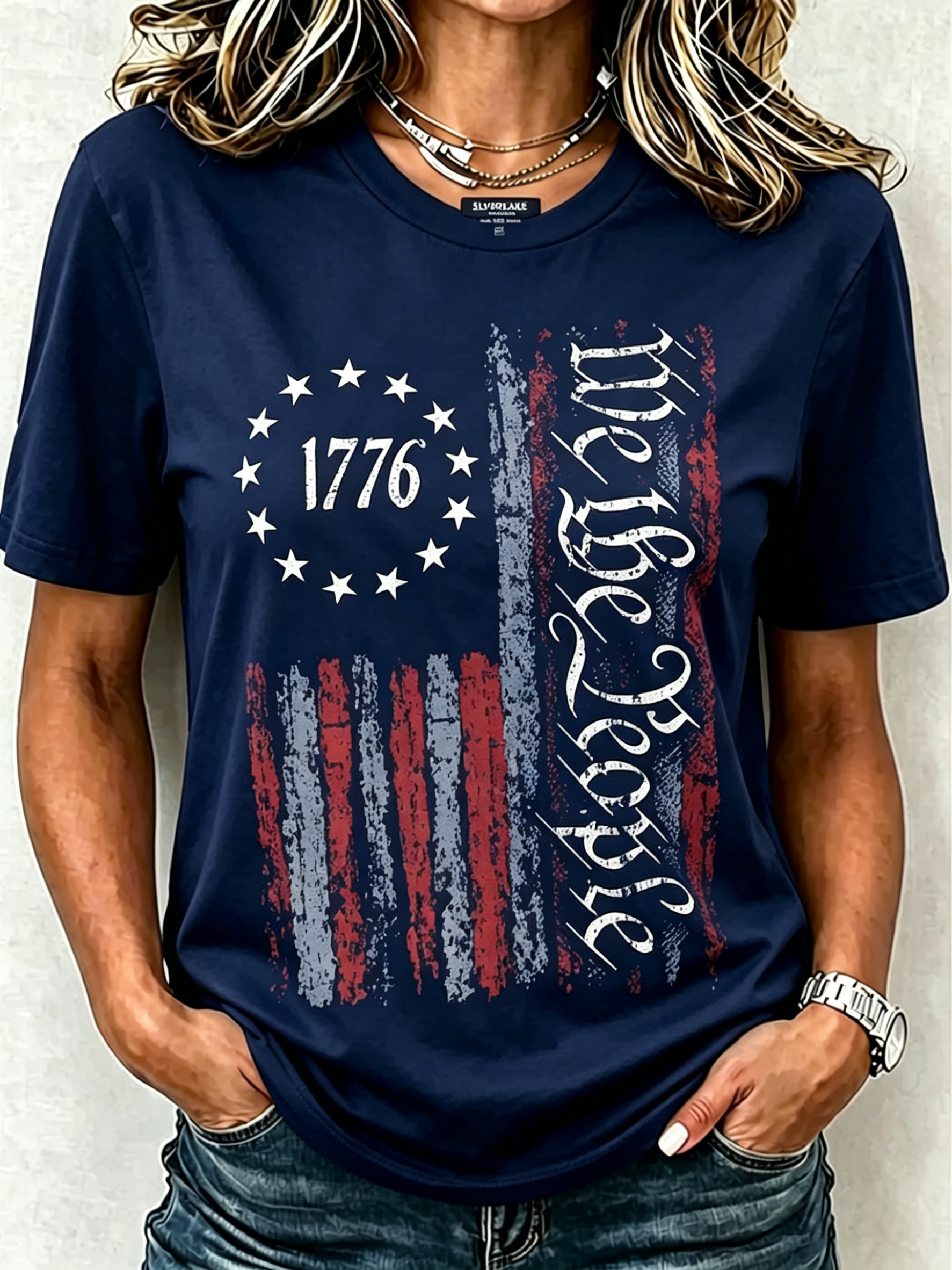 We The People Betsy Ross Flag 1776 Patriotic Print Oversized Women Crew Neck Short Sleeve Tee