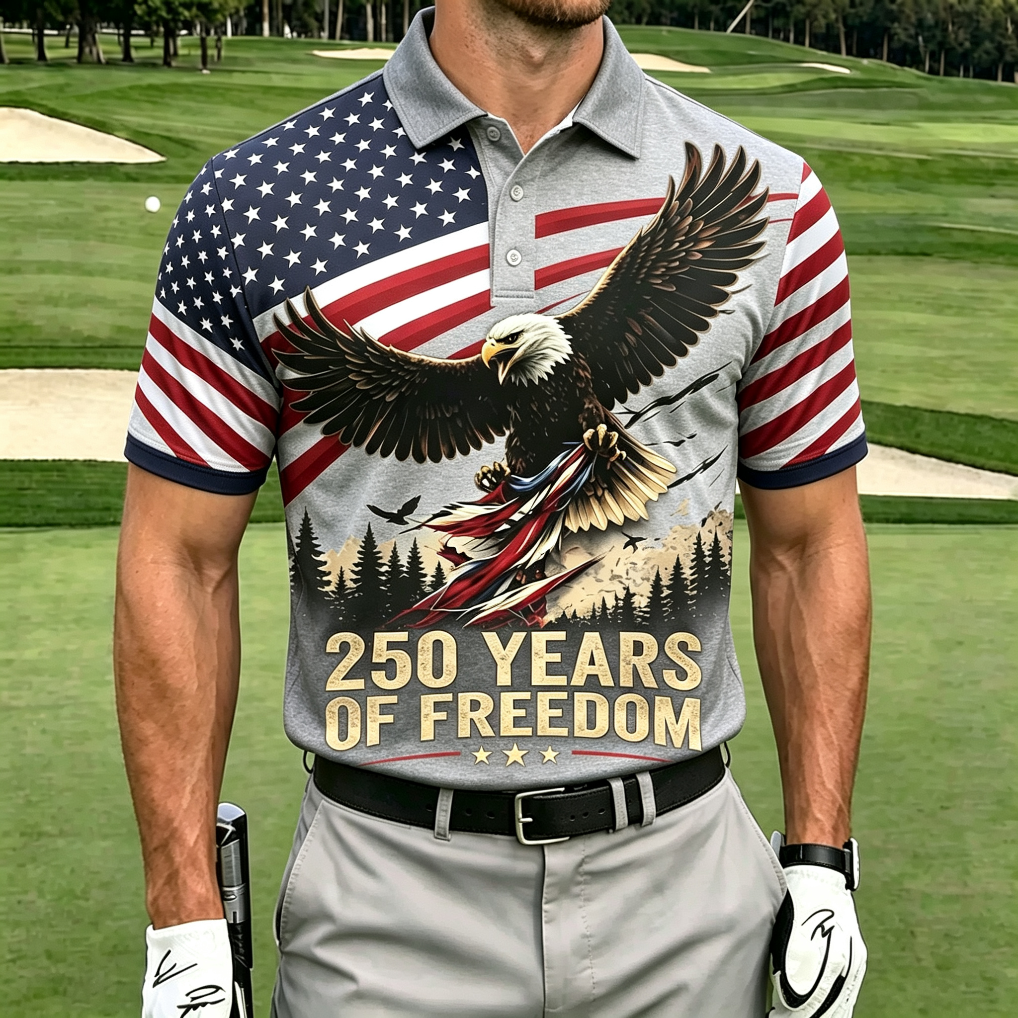 Flying Bald Eagle American Flag Patriotic Golf Polo For Men