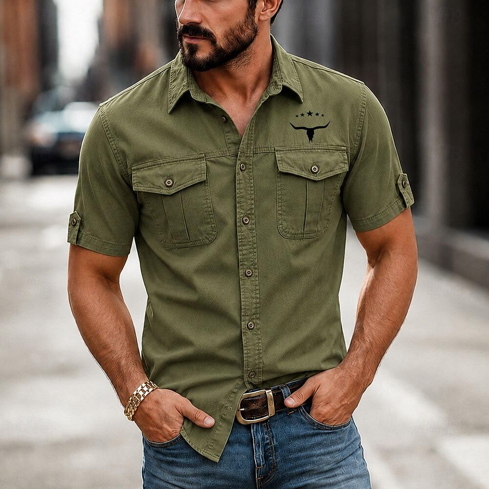 Western Longhorn Star Print Dual Pocket Roll Sleeve Lapel Shirt for Men