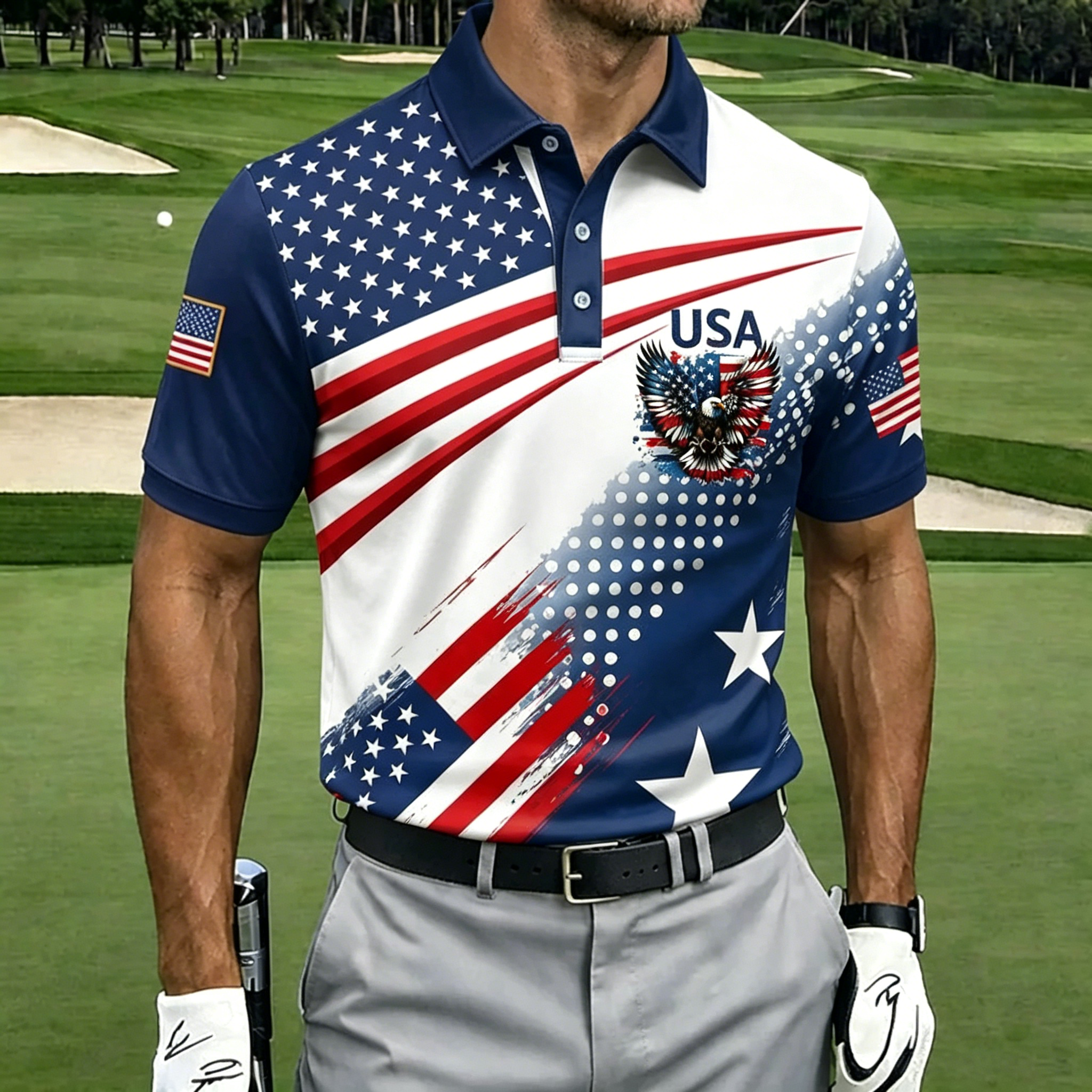 USA Eagle Star Stripe Dot Print Collared Golf Polo Shirt for Men