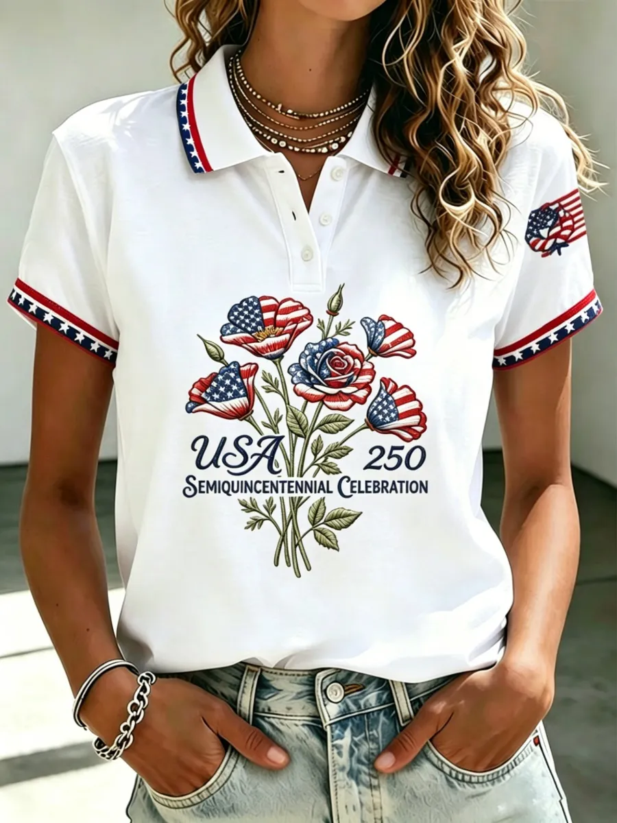 USA Flag Floral Rose Print Star Trim Collar Women Patriotic Short Sleeve Polo Top