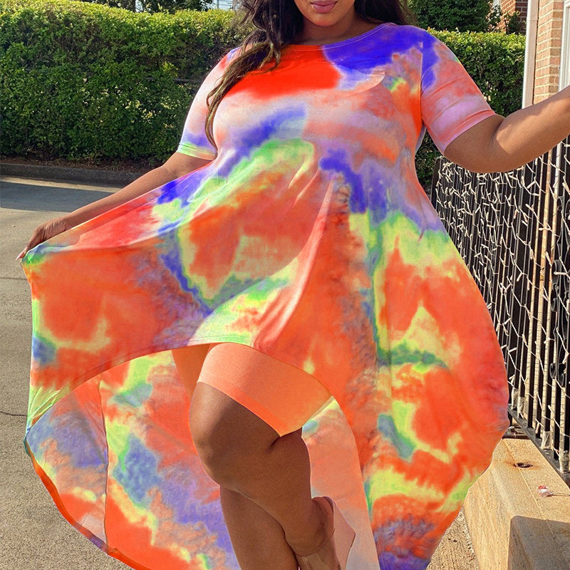 (2XL-5XL) Casual Print Tie Dye Asymmetrical O-neck Plus Size Two Pieces