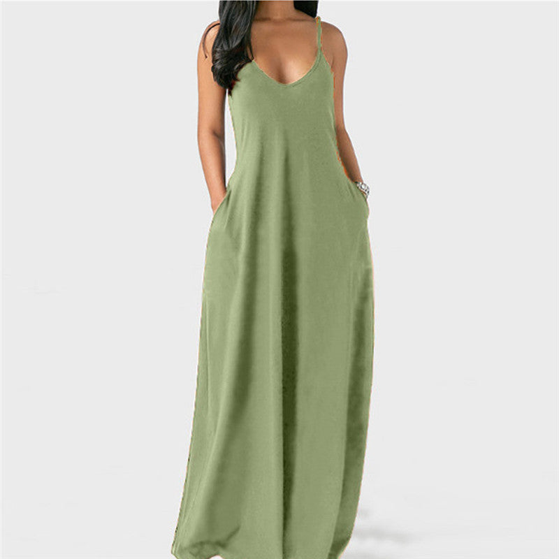 (S-5XL) Sturdy strappy dress with slanted pockets