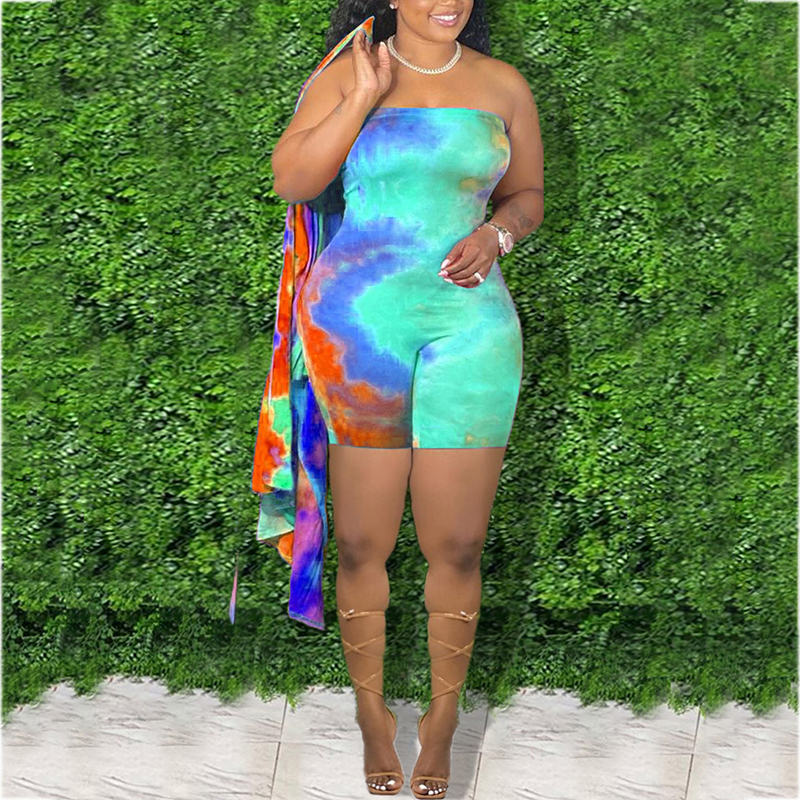 (L-5XL) Cotton tie-dye jumpsuit + long-sleeved cardigan