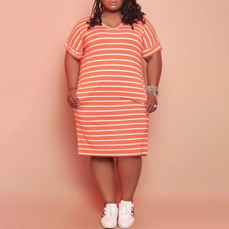 (L-5XL) Striped midi dress with a V-neck