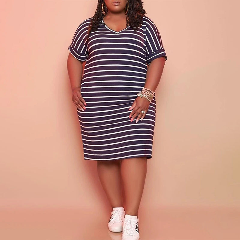 (L-5XL) Striped midi dress with a V-neck