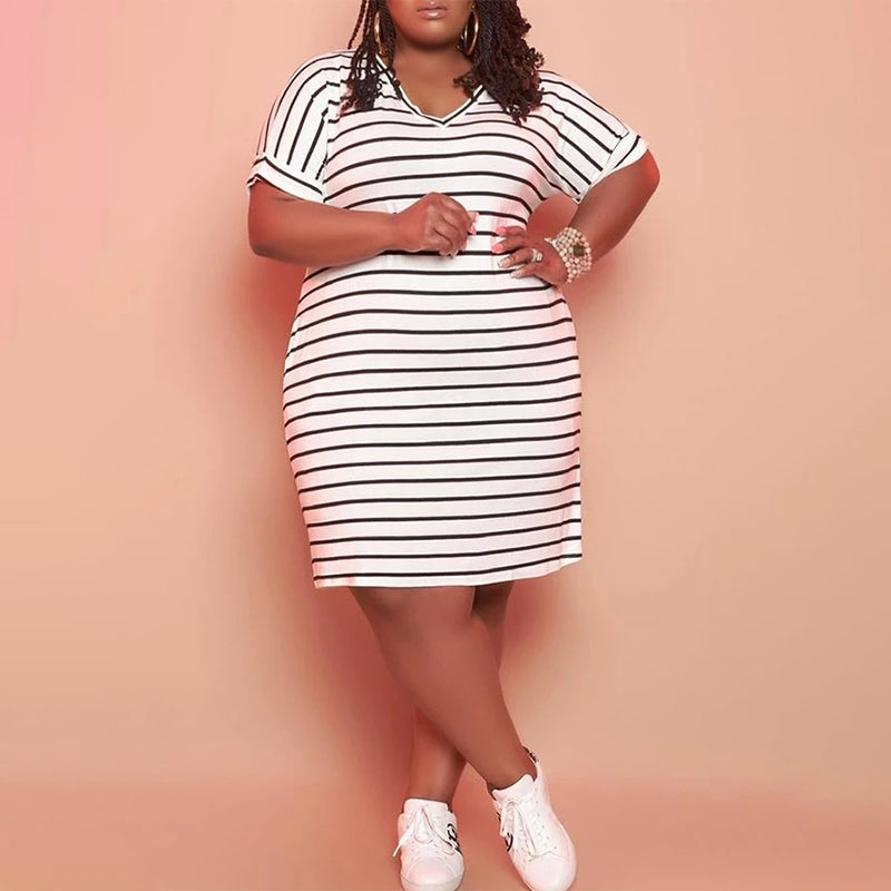 (L-5XL) Striped midi dress with a V-neck