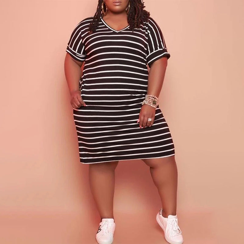 (L-5XL) Striped midi dress with a V-neck