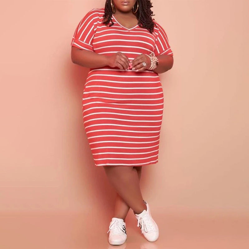 (L-5XL) Striped midi dress with a V-neck