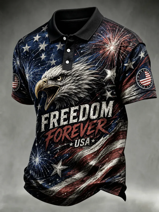 Vintage Eagle USA Flag Multi Pattern Patriotic Men Golf Polo