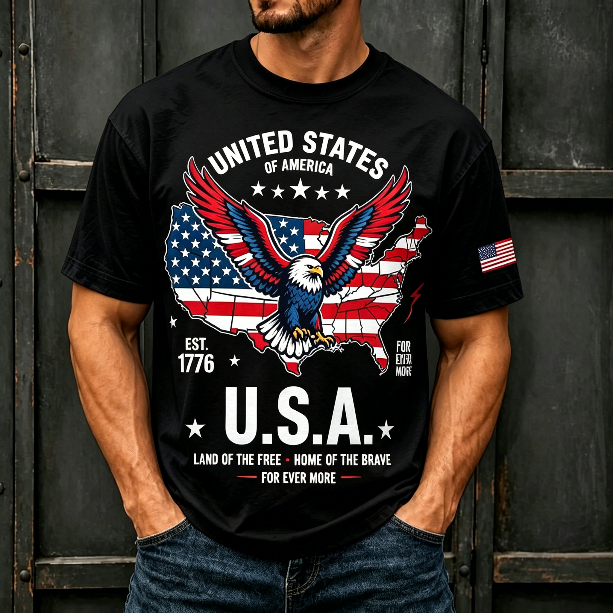 Eagle USA Map 1776 Patriotic Crew Neck T-Shirt for Men