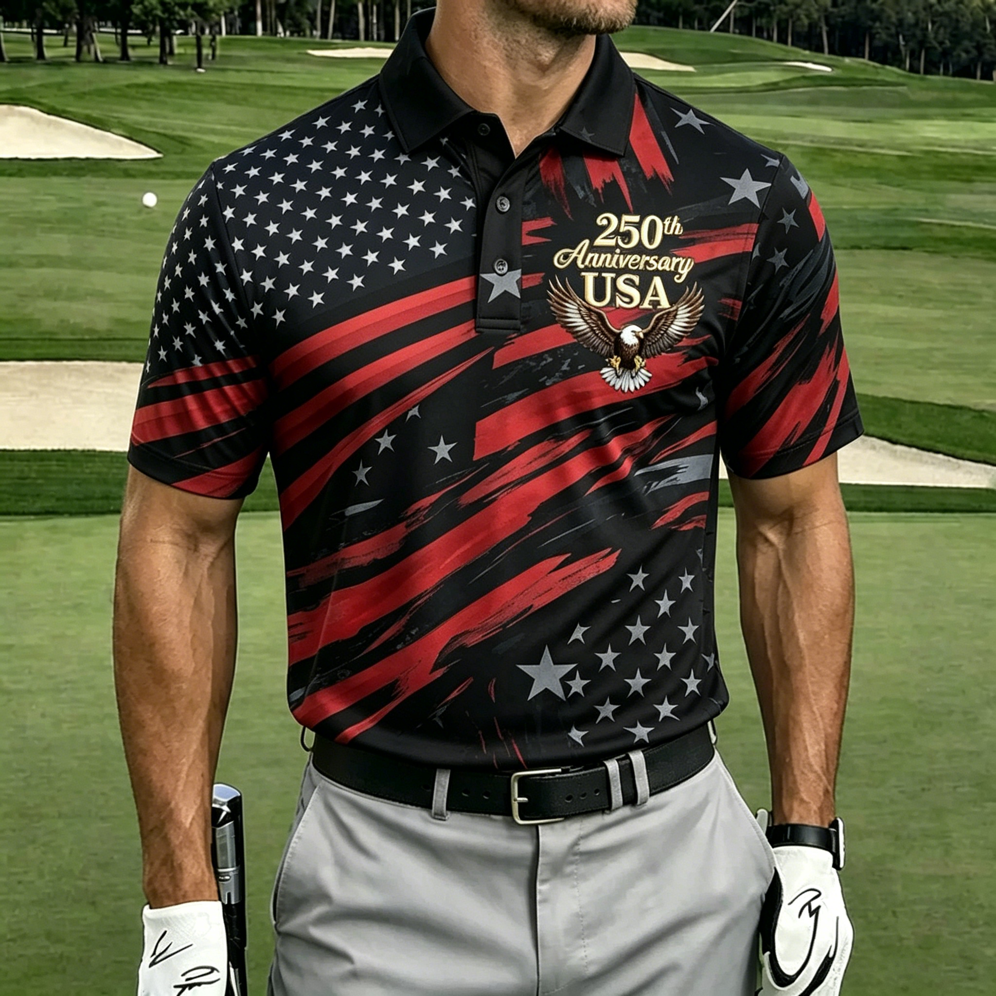 250th Eagle Brush Stroke Star Stripe Print Collar Golf Polo Shirt for Men