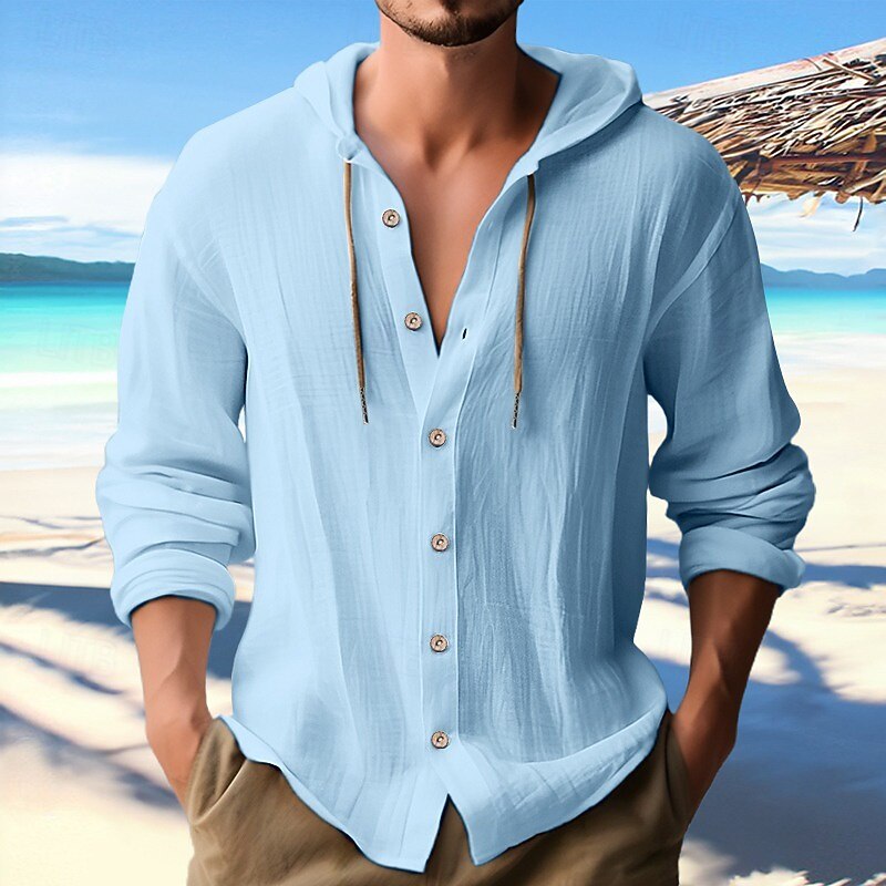 Textured Linen Blend Drawstring Hood Long Sleeve Vacation Shirt for Men