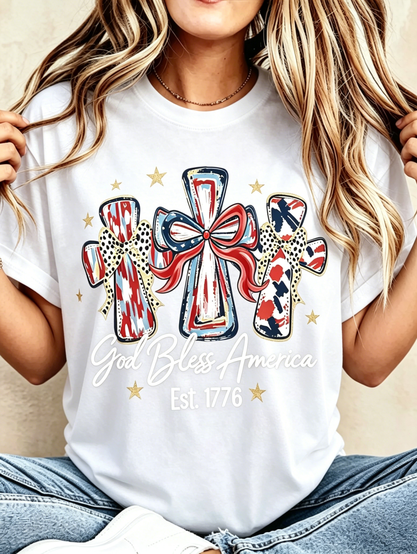 Flag Bow Cross God Bless America Patriotic Crew Neck T-Shirt for Women