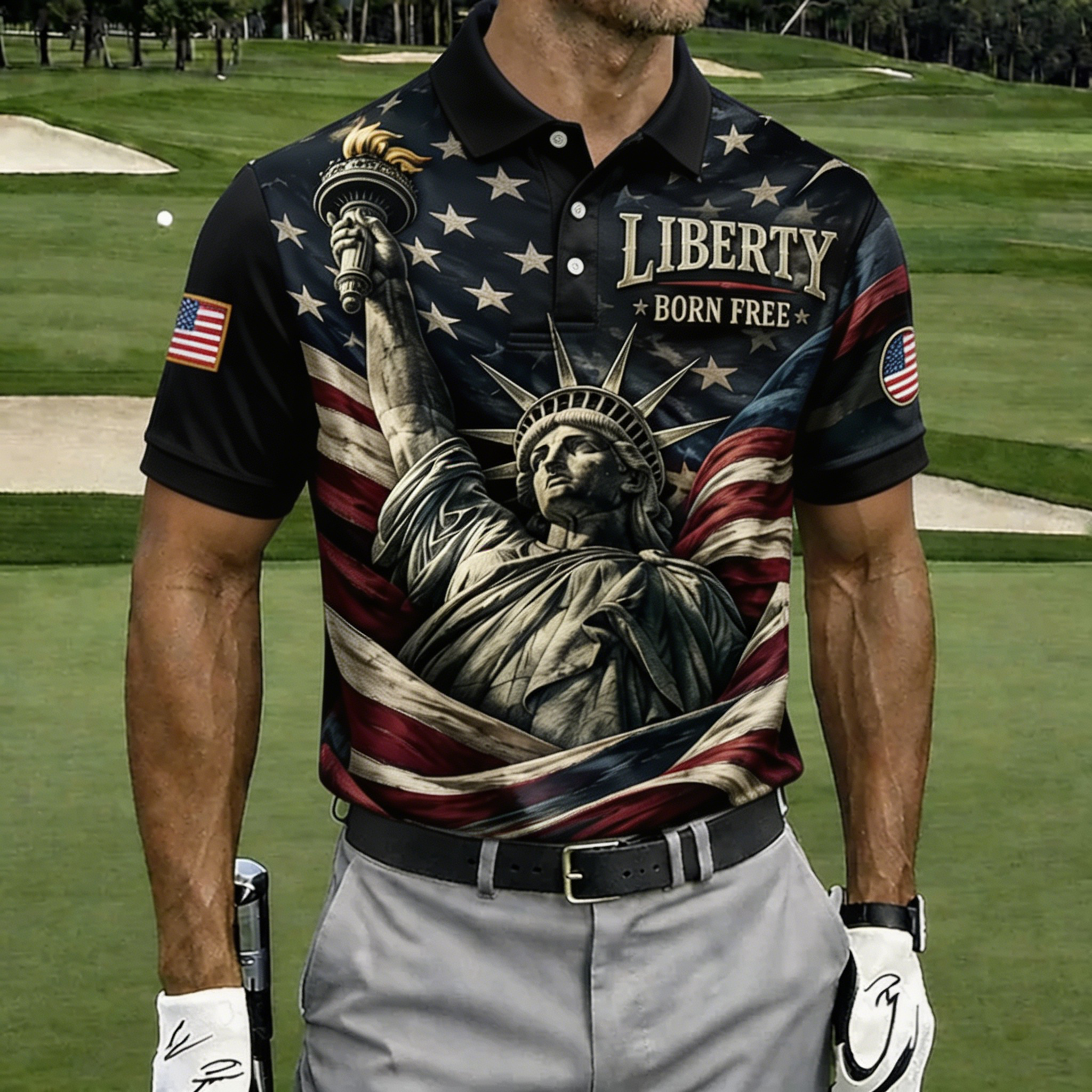 Liberty Born Free Statue Liberty Star Flag Black Collar Print Golf Polo Shirt for Men
