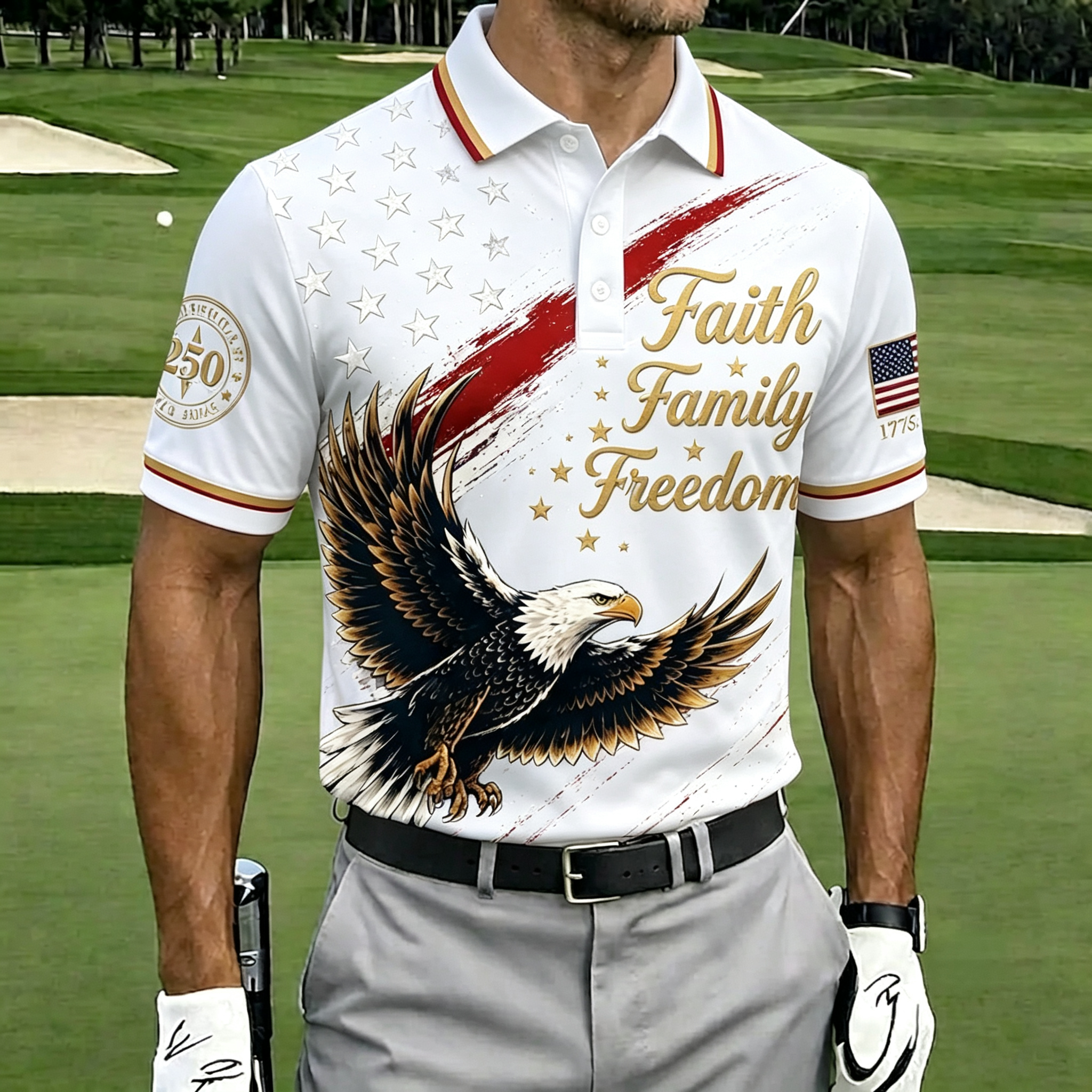 Faith Family Freedom Eagle USA Flag Vintage Men’s Golf Polo