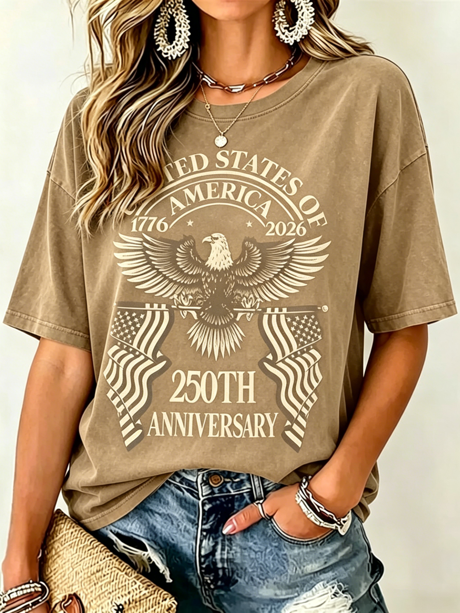Bald Eagle Dual US Flag 250th USA Anniversary Patriotic Print Oversized Women Crew Neck Washed Short Sleeve Tee